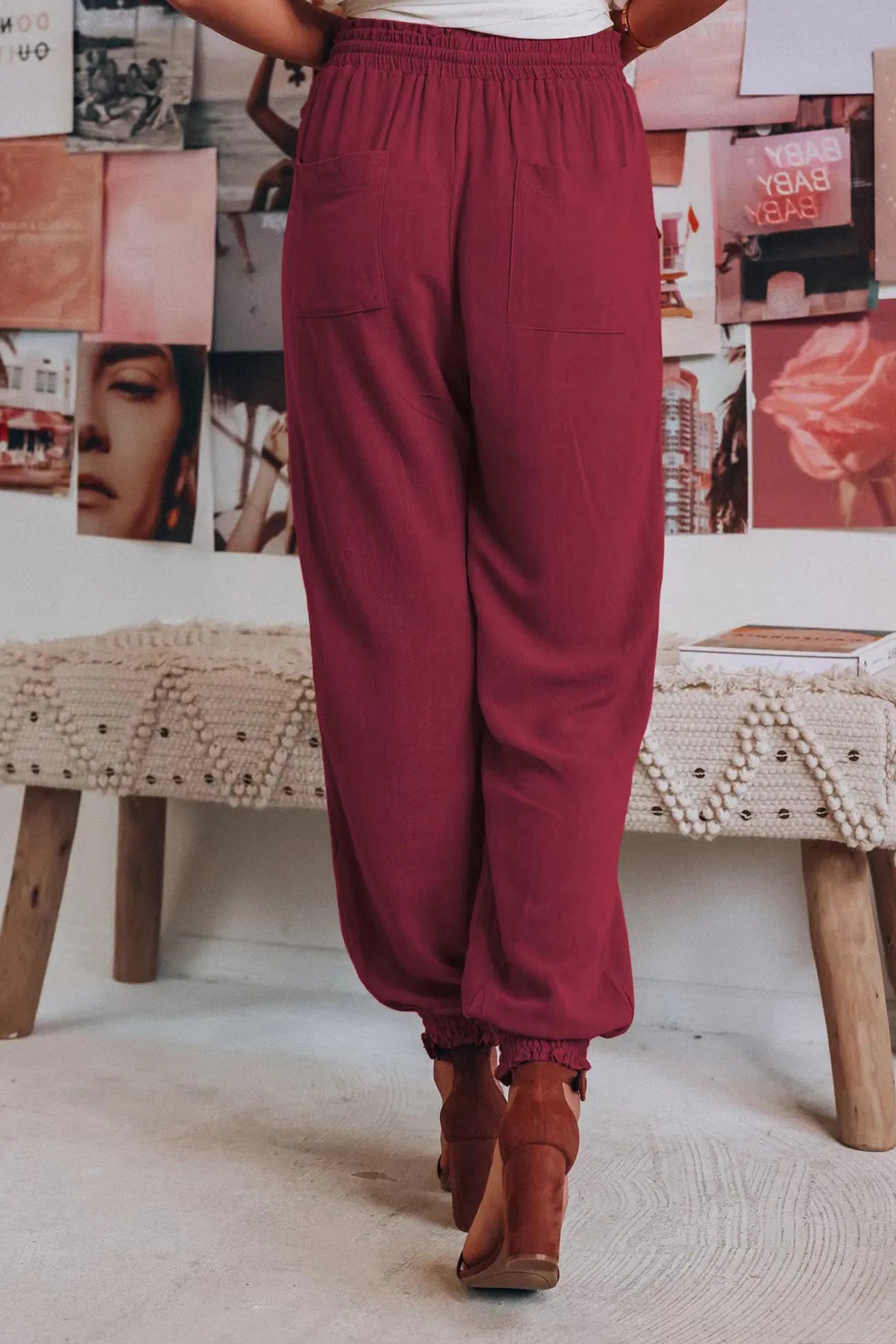 Ossaso Drawstring Solid Color Loose Long Pants