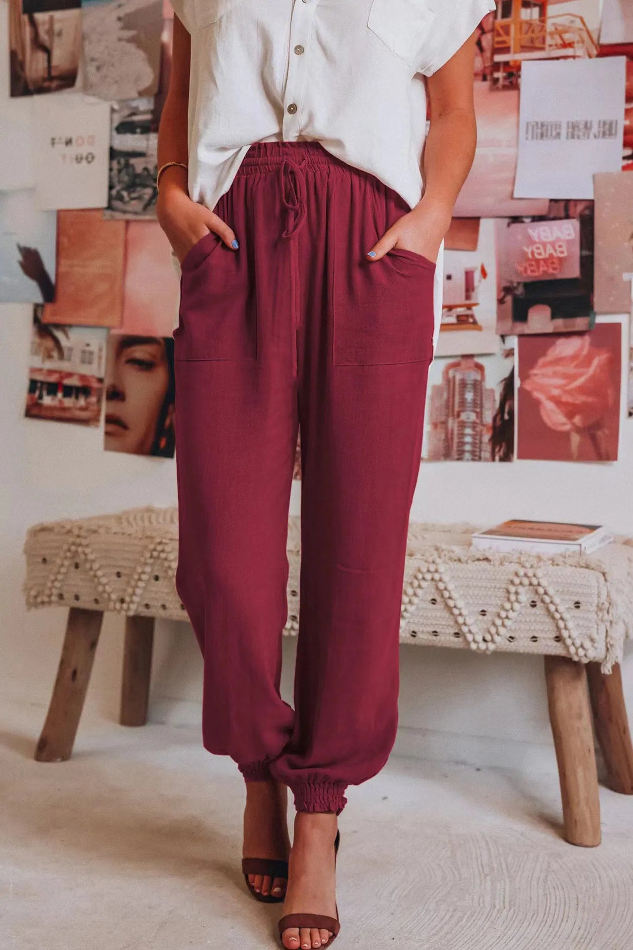 Ossaso Drawstring Solid Color Loose Long Pants