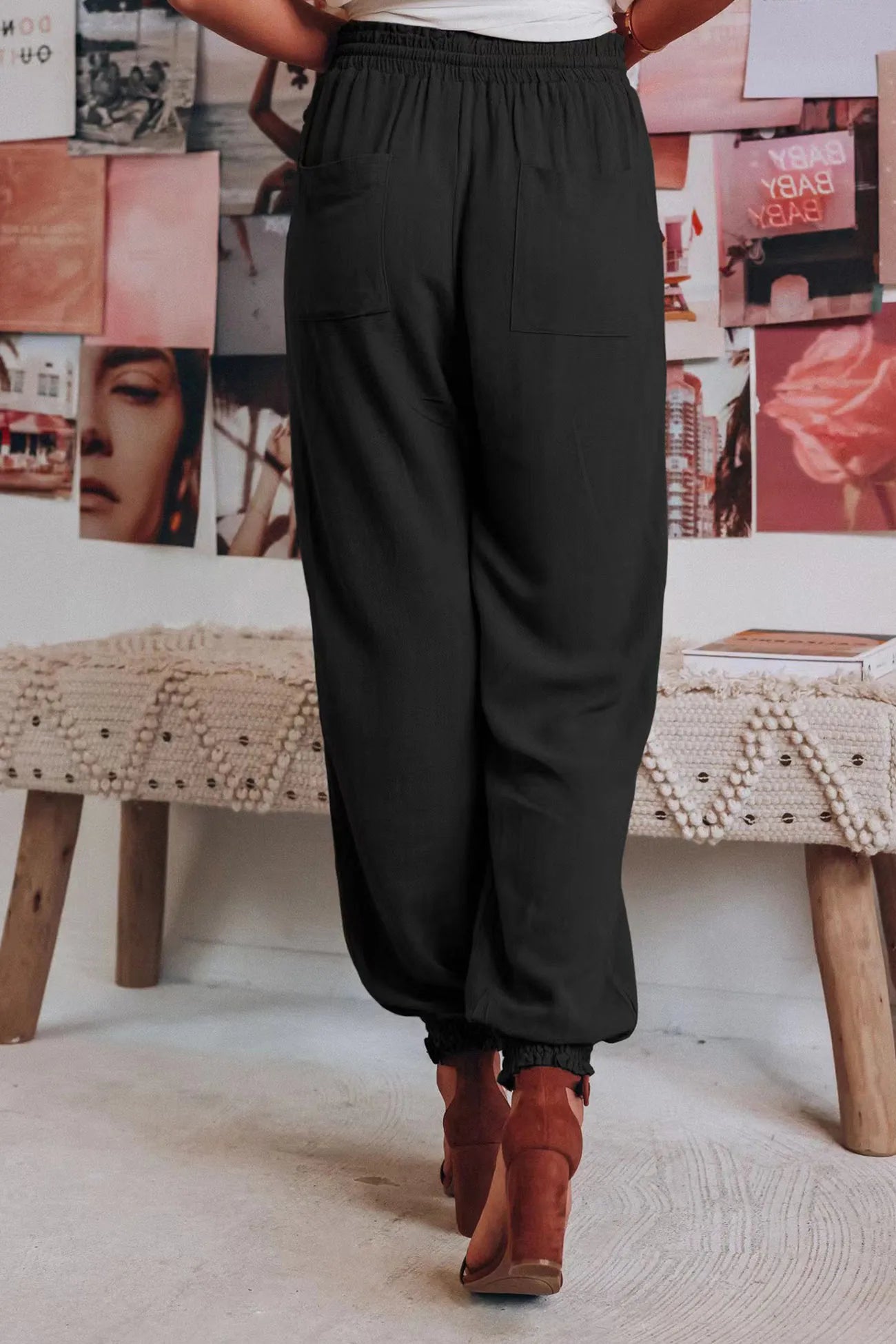 Ossaso Drawstring Solid Color Loose Long Pants