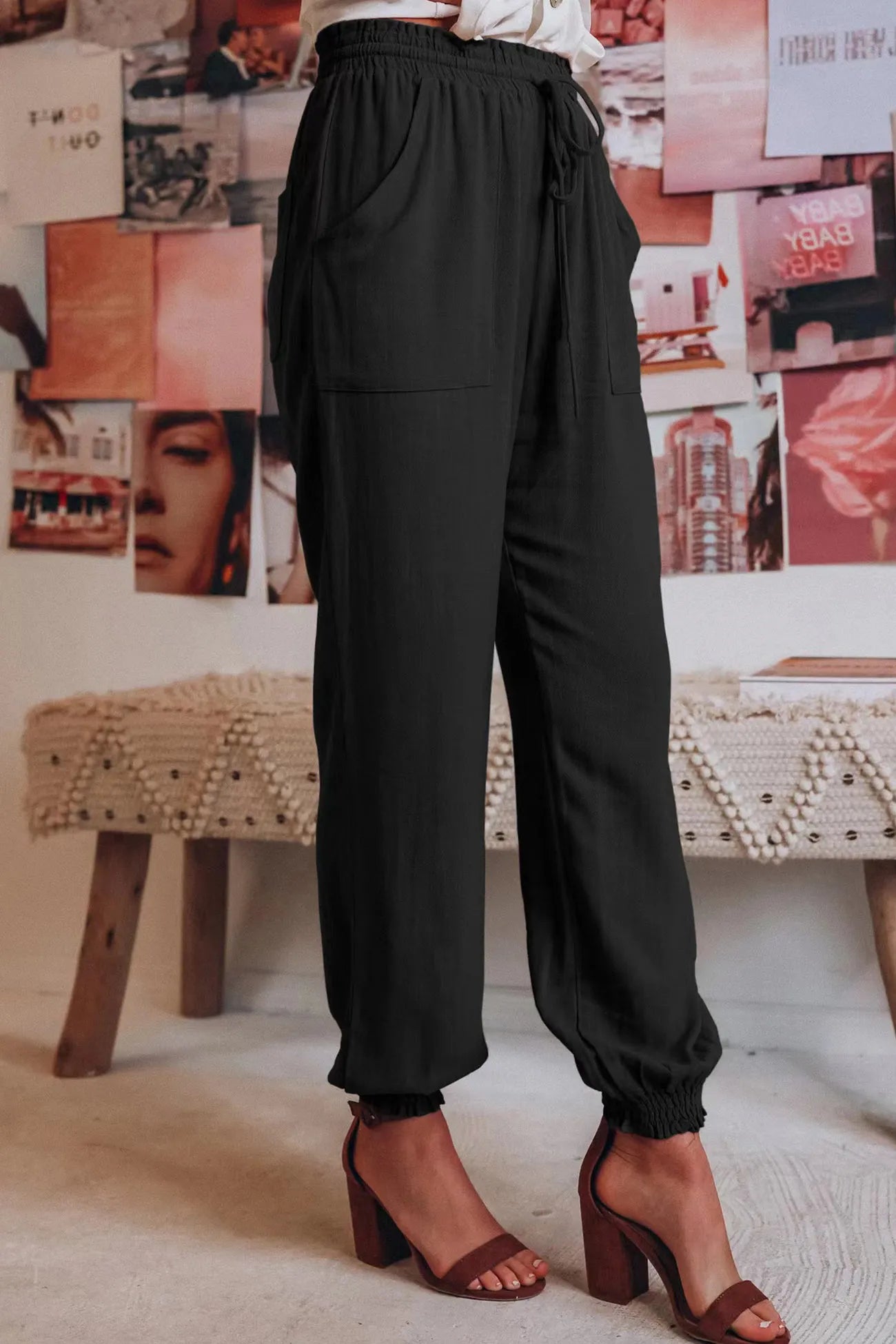 Ossaso Drawstring Solid Color Loose Long Pants