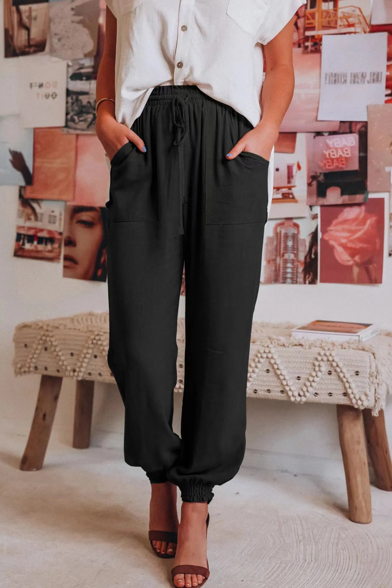 Ossaso Drawstring Solid Color Loose Long Pants