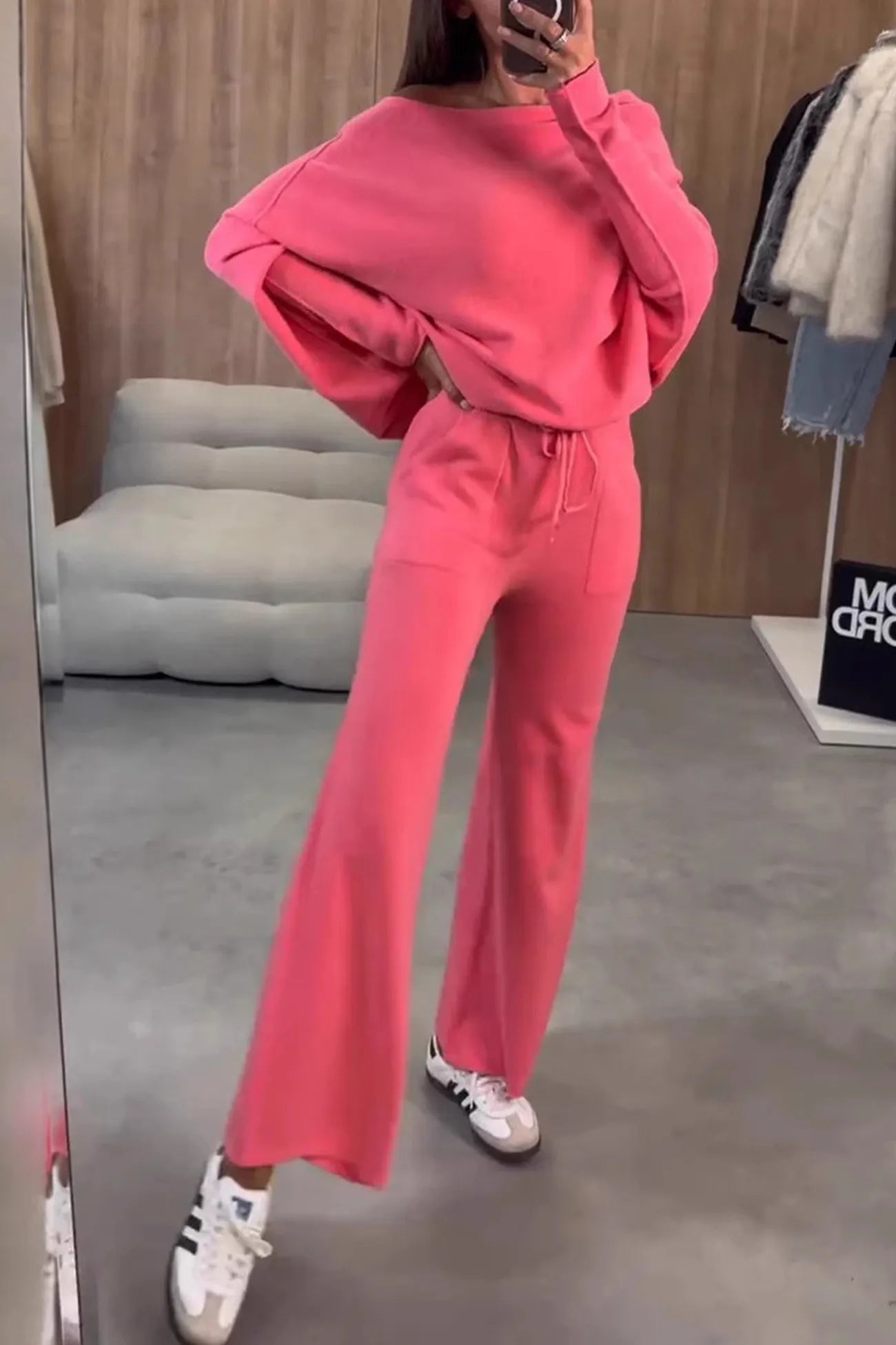 Drop Shoulder Bat Sleeve Crop Top Sweatpants Set