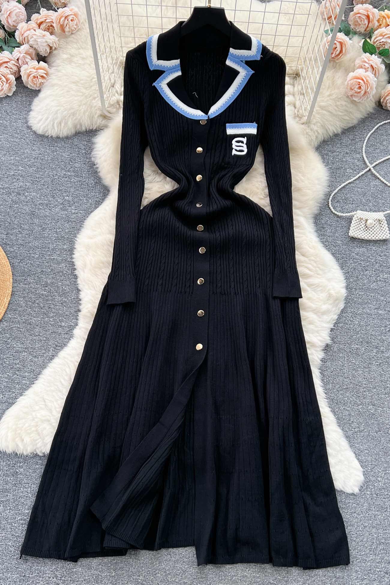 Embroidery Lapel Single-breasted Knit Dress