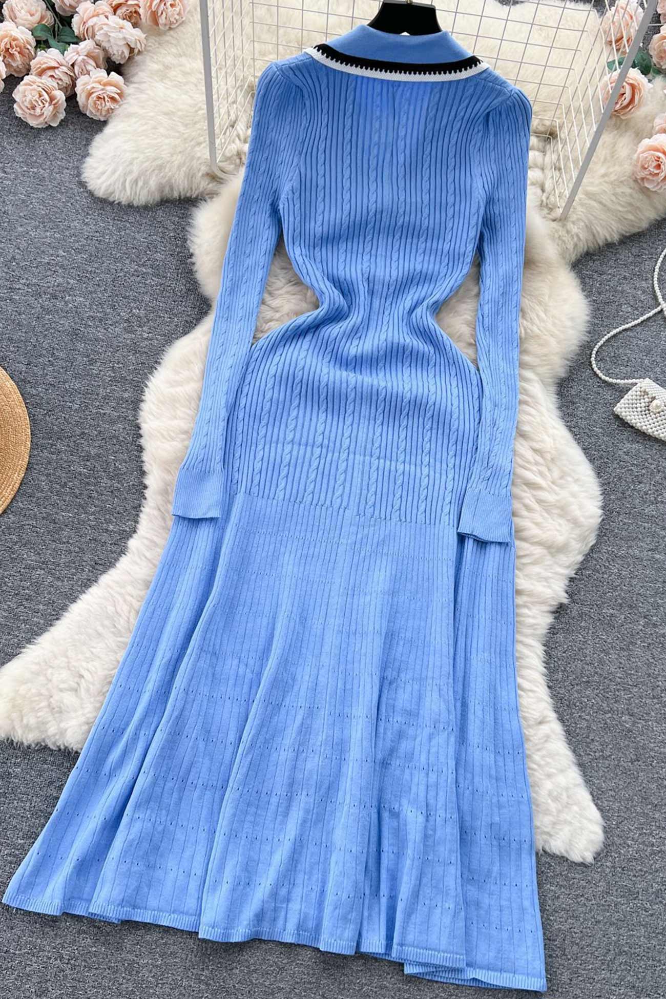 Embroidery Lapel Single-breasted Knit Dress
