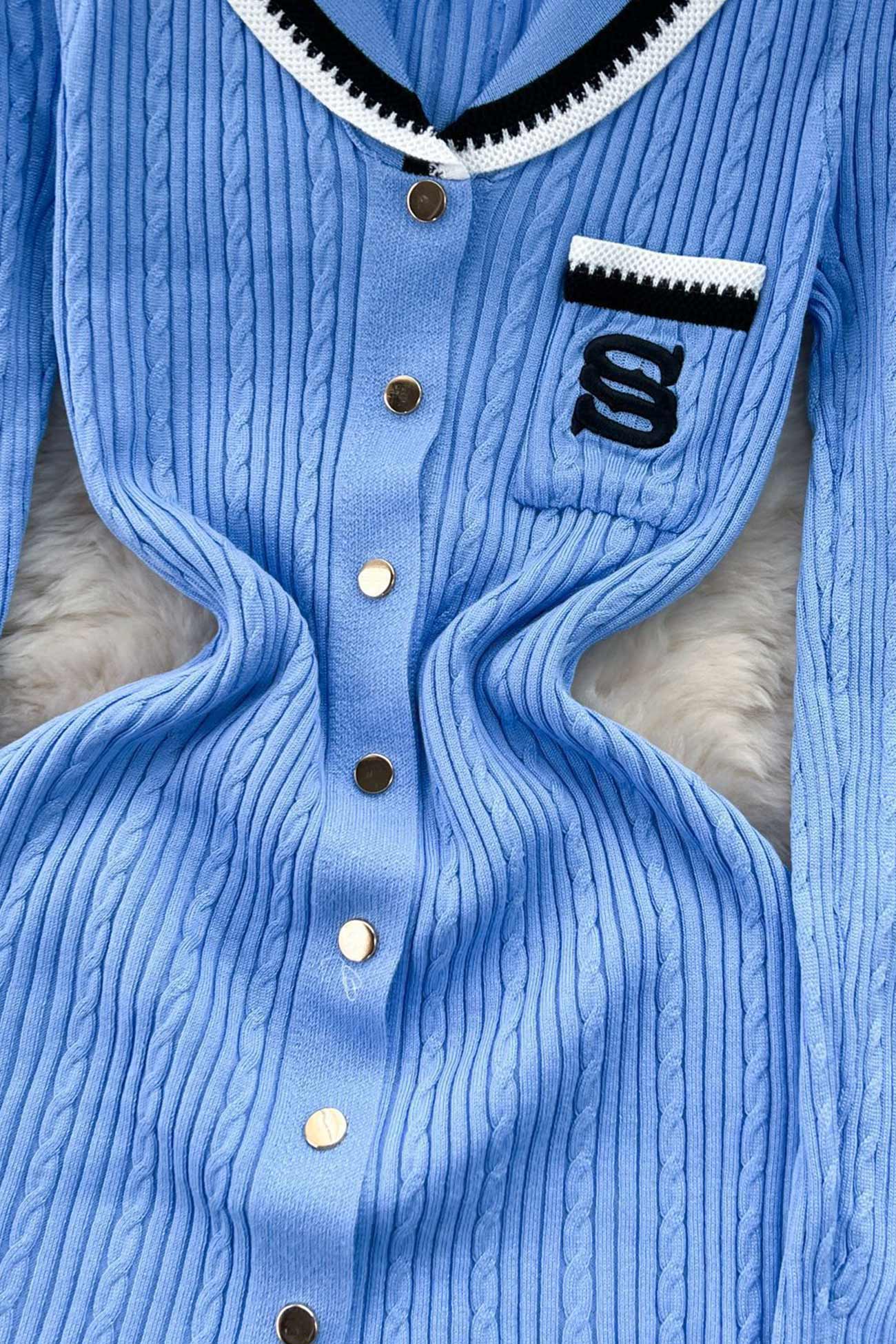 Embroidery Lapel Single-breasted Knit Dress