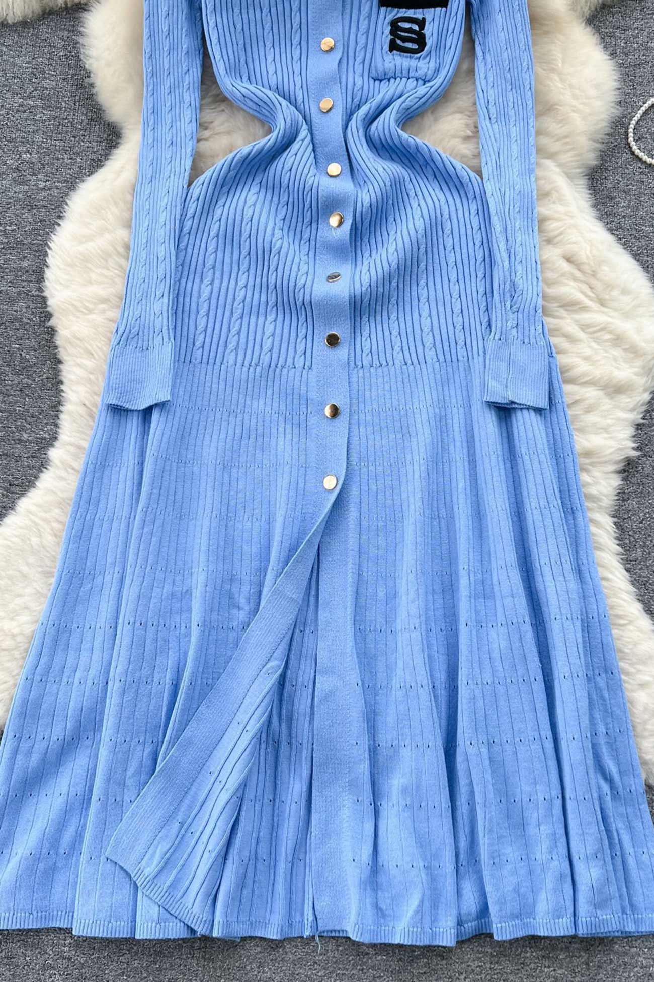 Embroidery Lapel Single-breasted Knit Dress