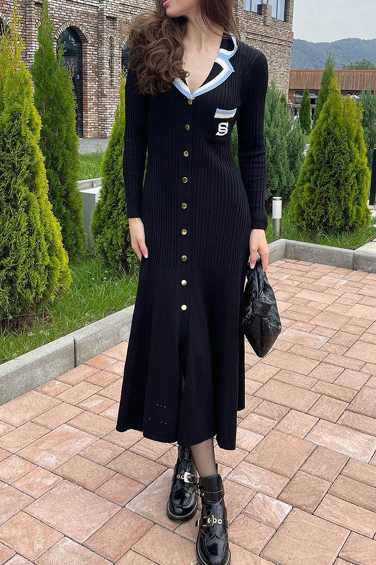 Embroidery Lapel Single-breasted Knit Dress