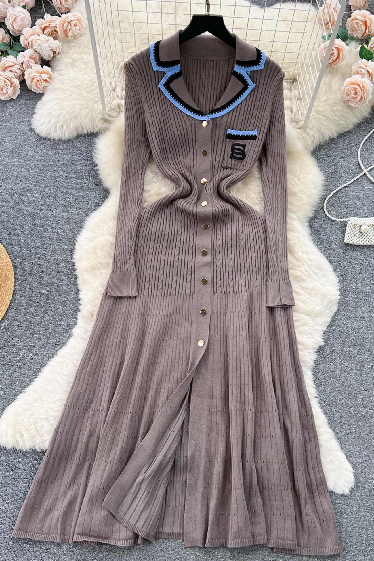 Embroidery Lapel Single-breasted Knit Dress