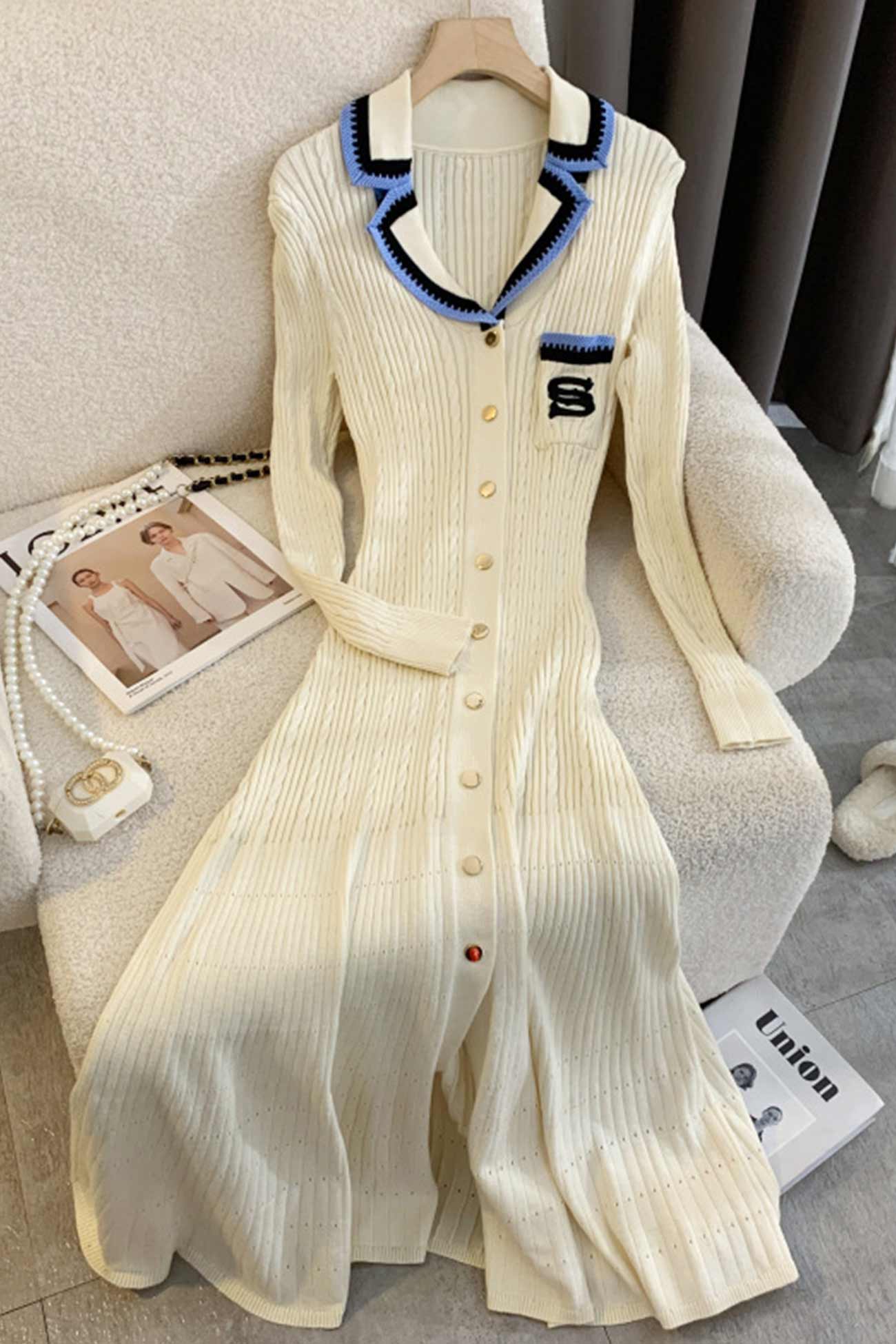 Embroidery Lapel Single-breasted Knit Dress