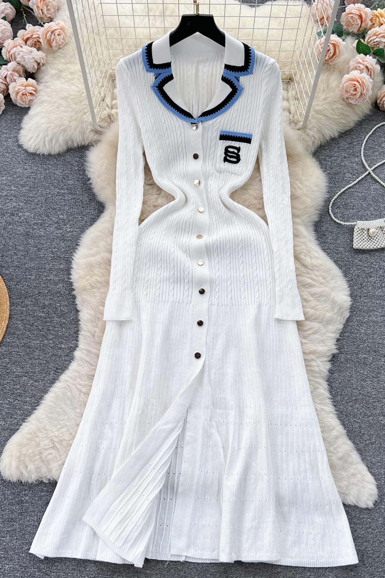 Embroidery Lapel Single-breasted Knit Dress