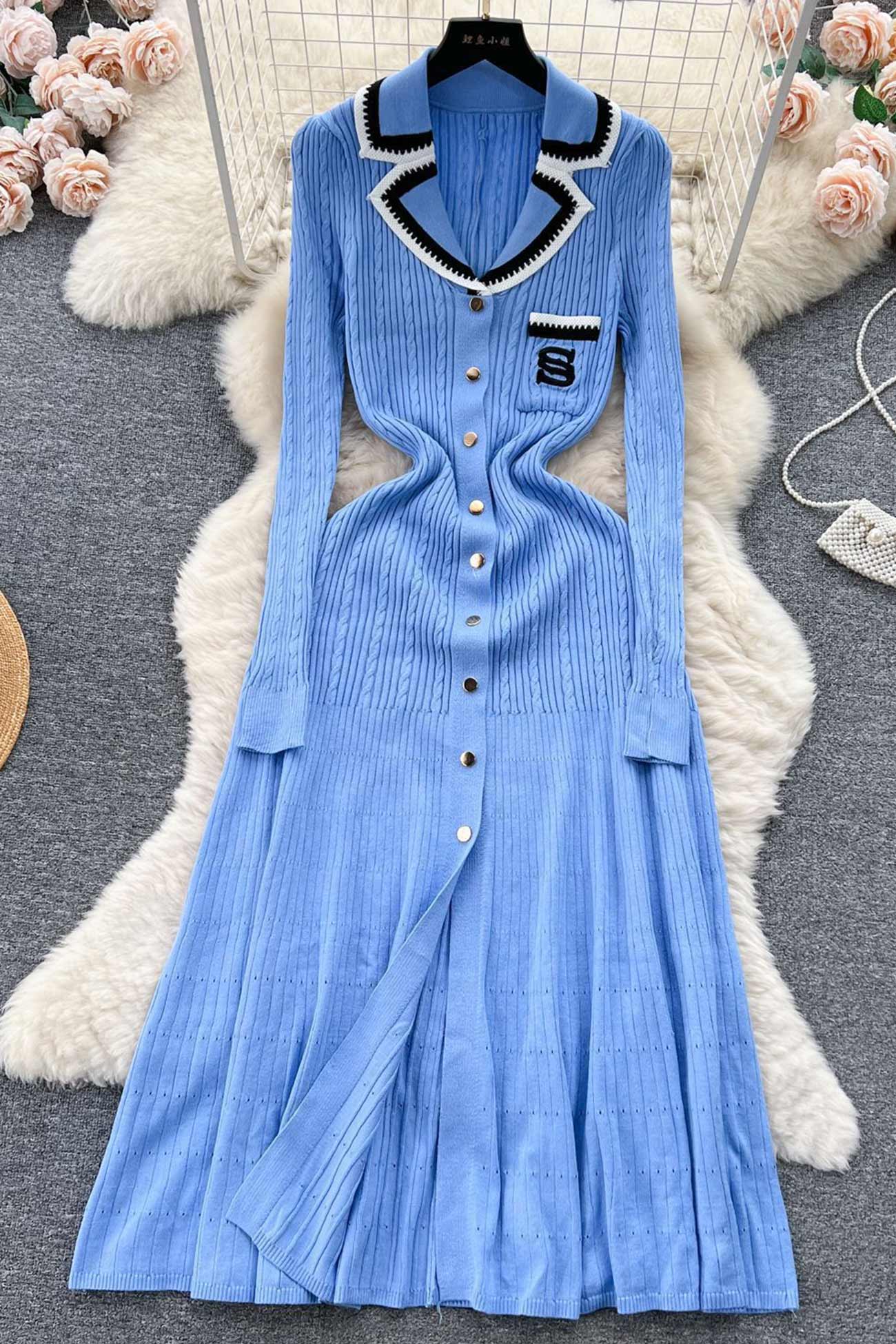 Embroidery Lapel Single-breasted Knit Dress