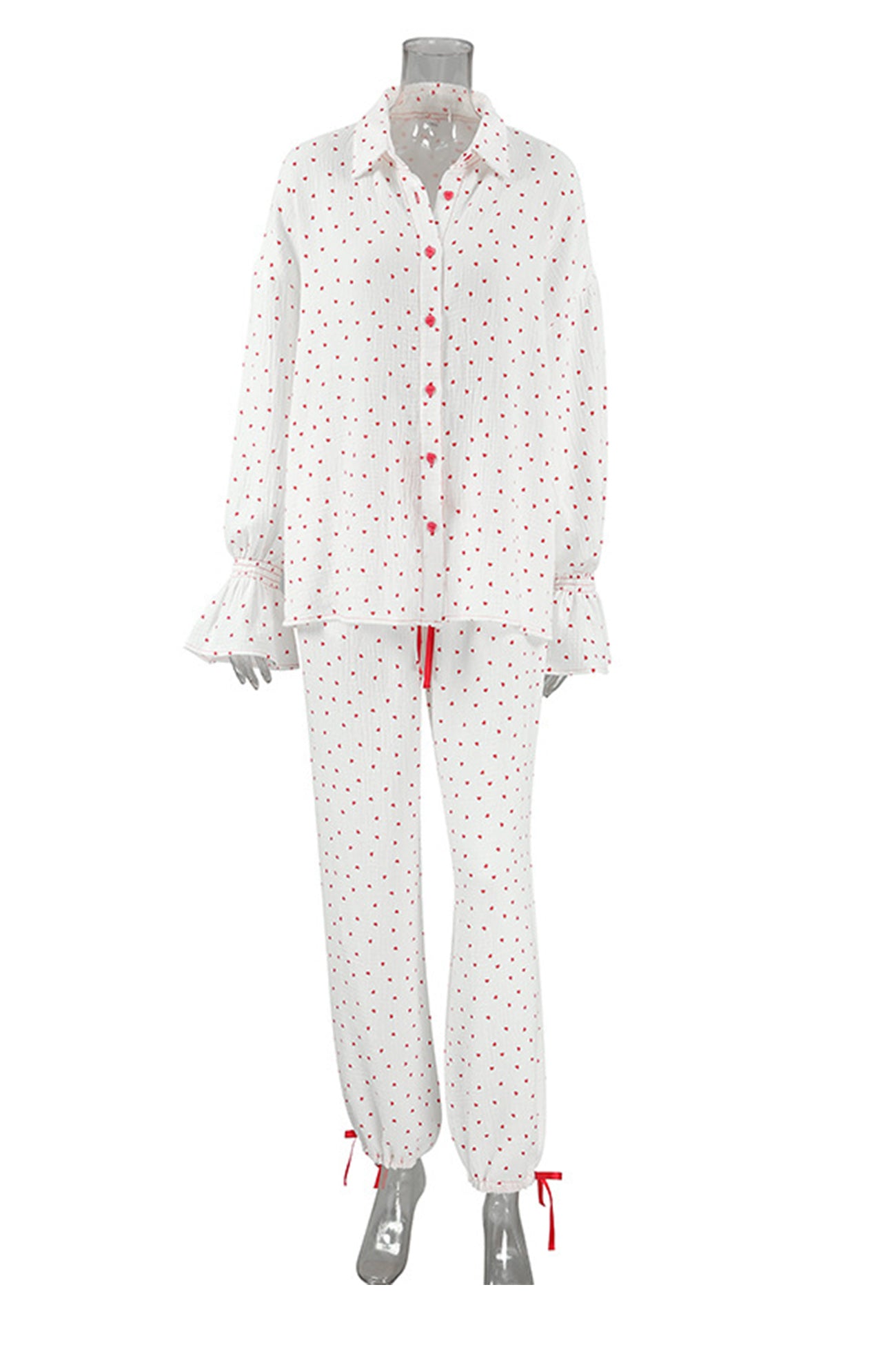 Flare Sleeve Heart Print Bow Tie Cotton Three-piece Set