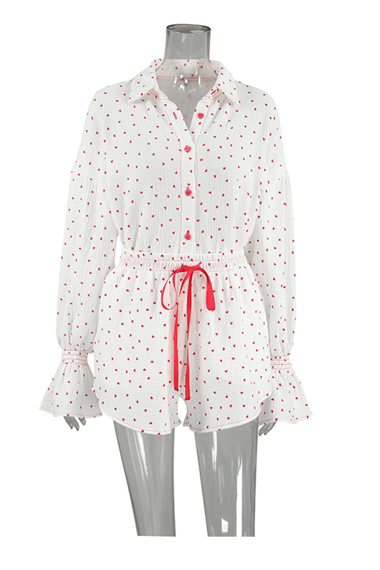 Flare Sleeve Heart Print Bow Tie Cotton Three-piece Set