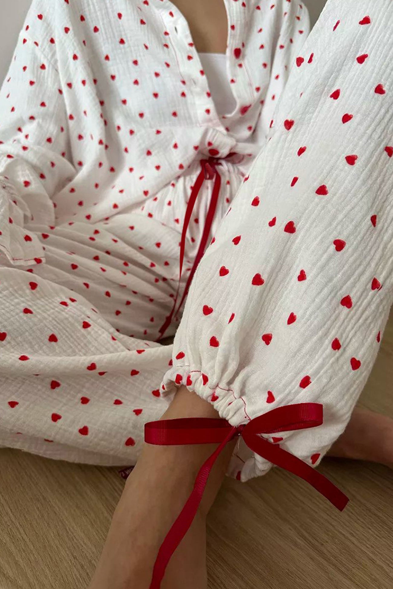 Flare Sleeve Heart Print Bow Tie Cotton Three-piece Set