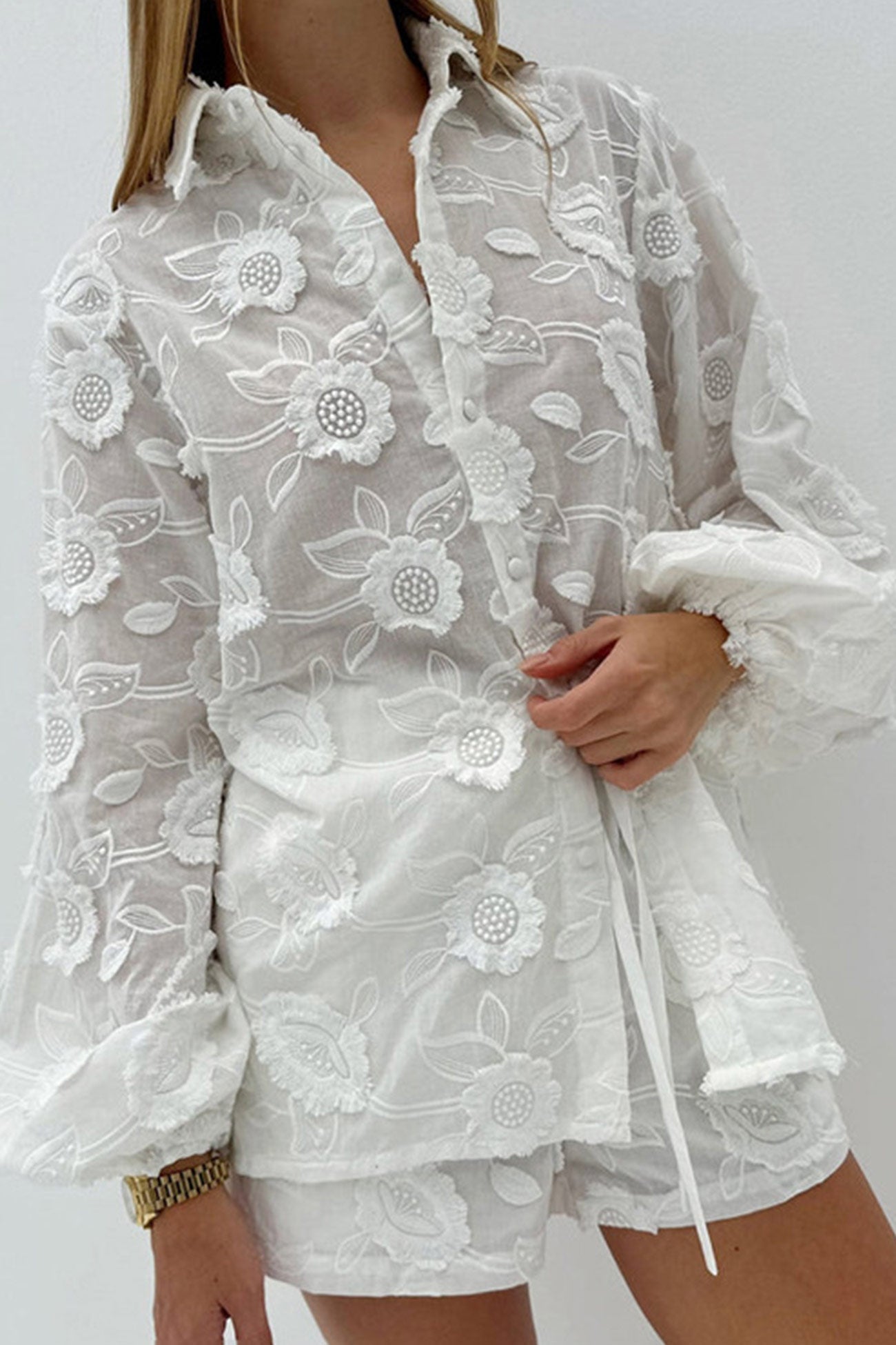 Floral Embroidery Long Sleeve Shirt Suits