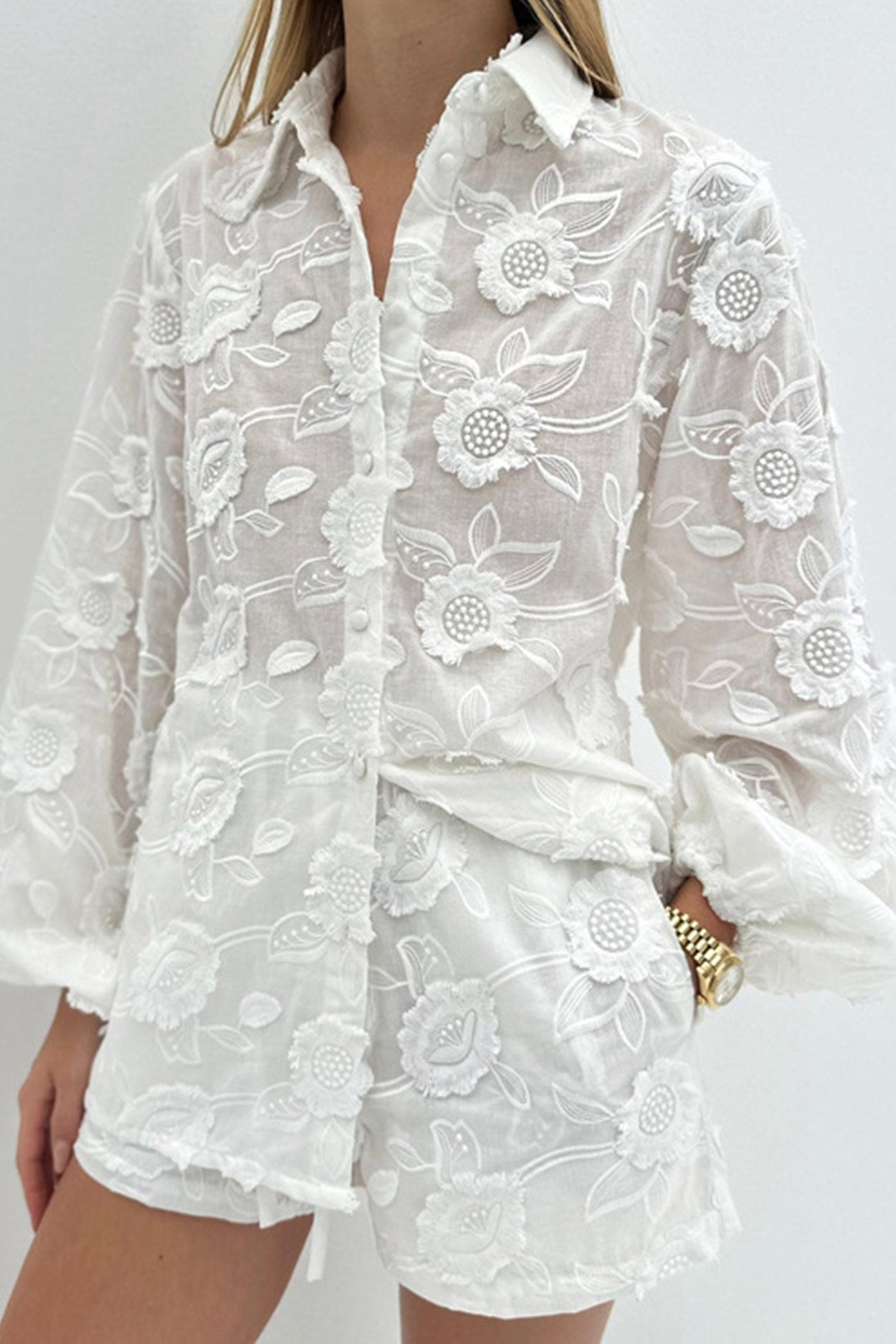 Floral Embroidery Long Sleeve Shirt Suits