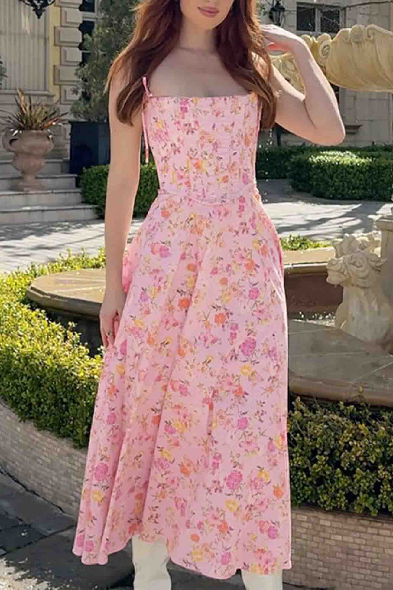Floral Shoulder Straps Corset A-Line Dress