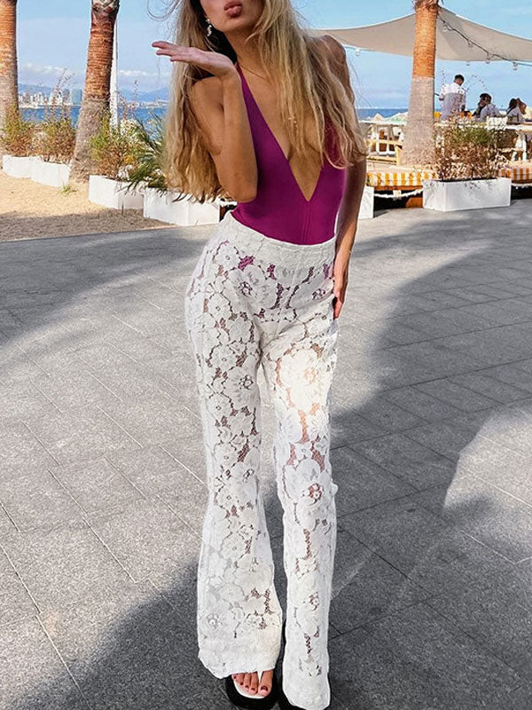 Flower Graphic High Waisted White Pants