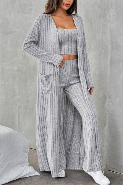 Grey Ribbed Knit Cardigan Three-piece Set