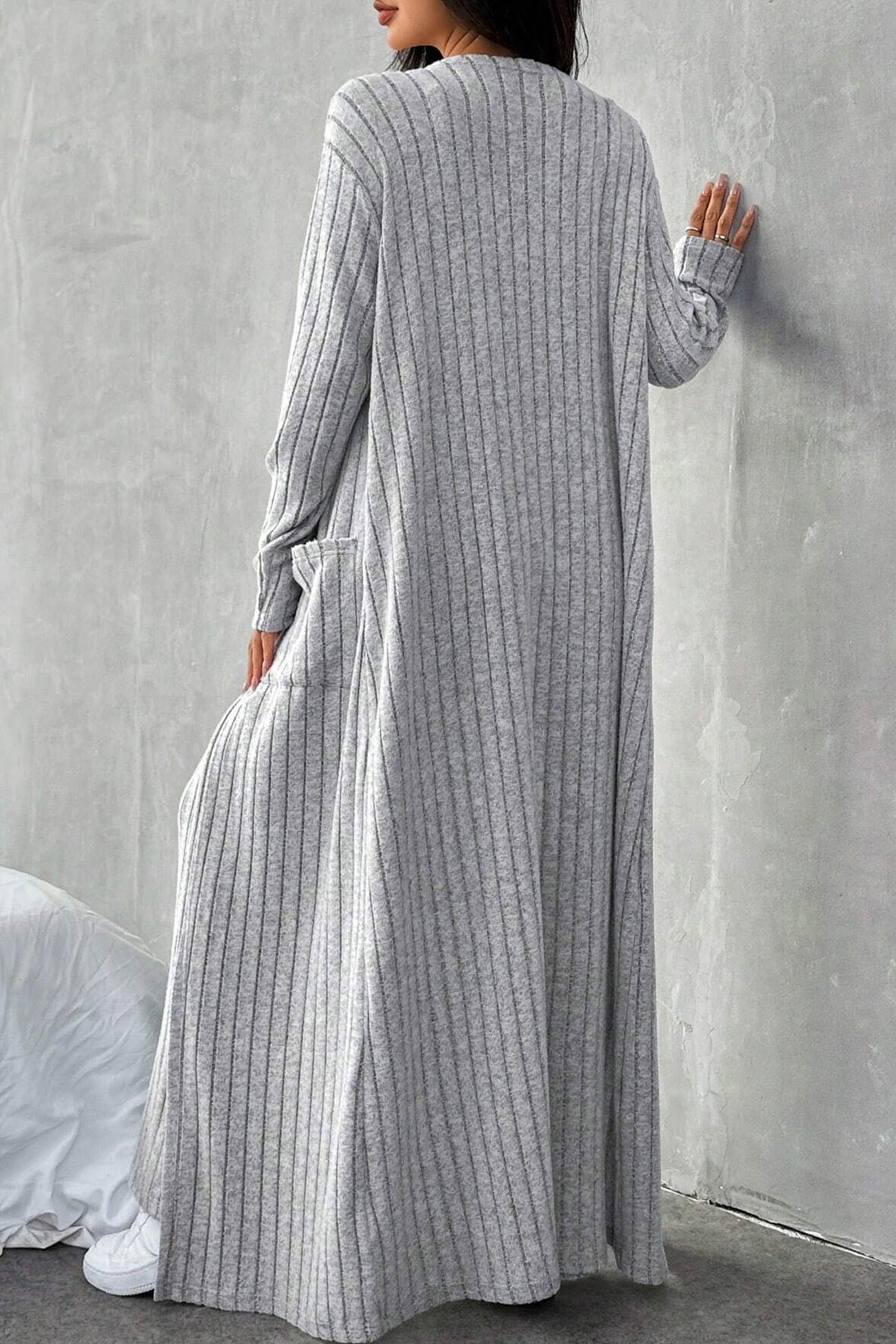 Grey Ribbed Knit Cardigan Three-piece Set