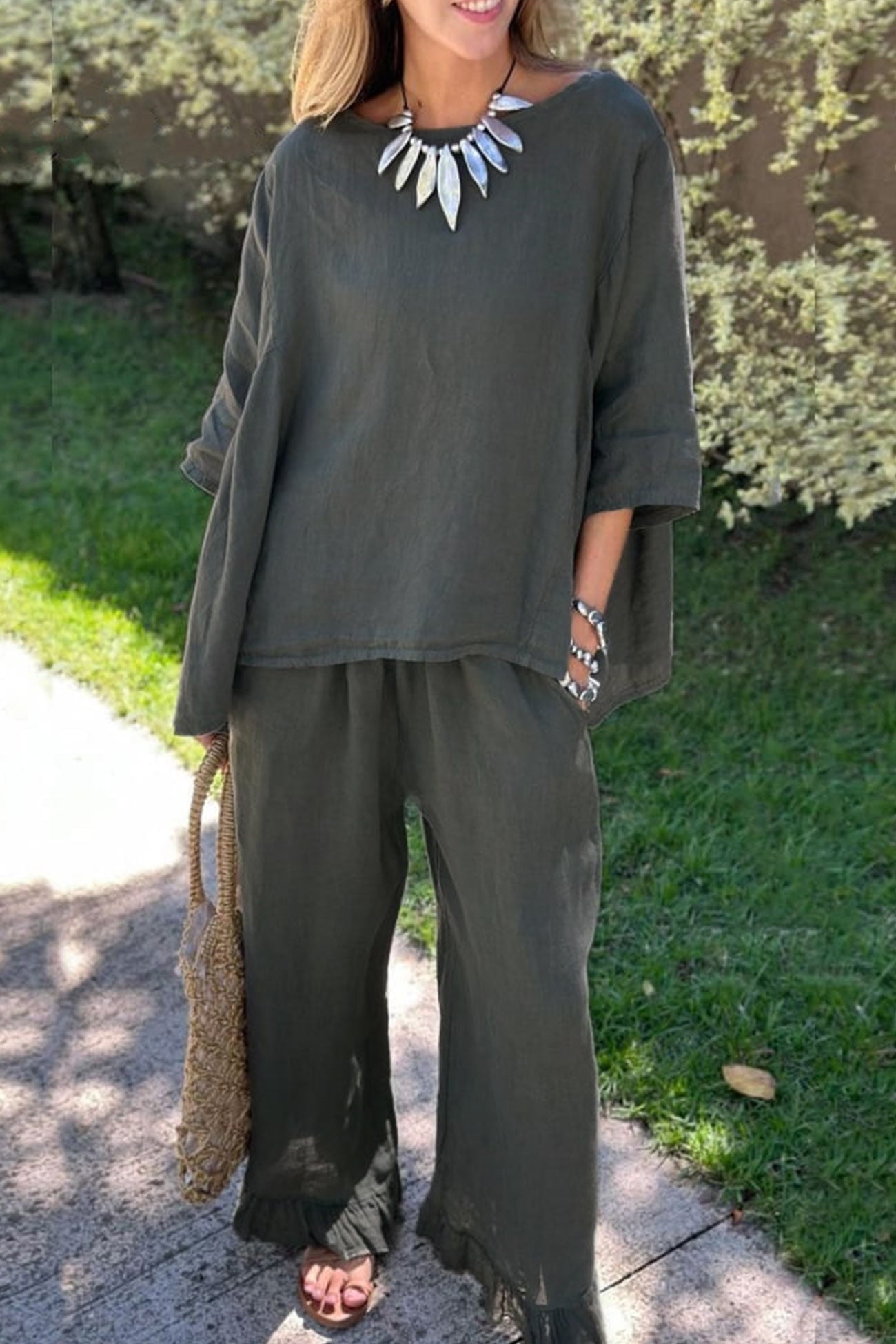 Half Sleeve Tops Fringe Hem Long Pants Set
