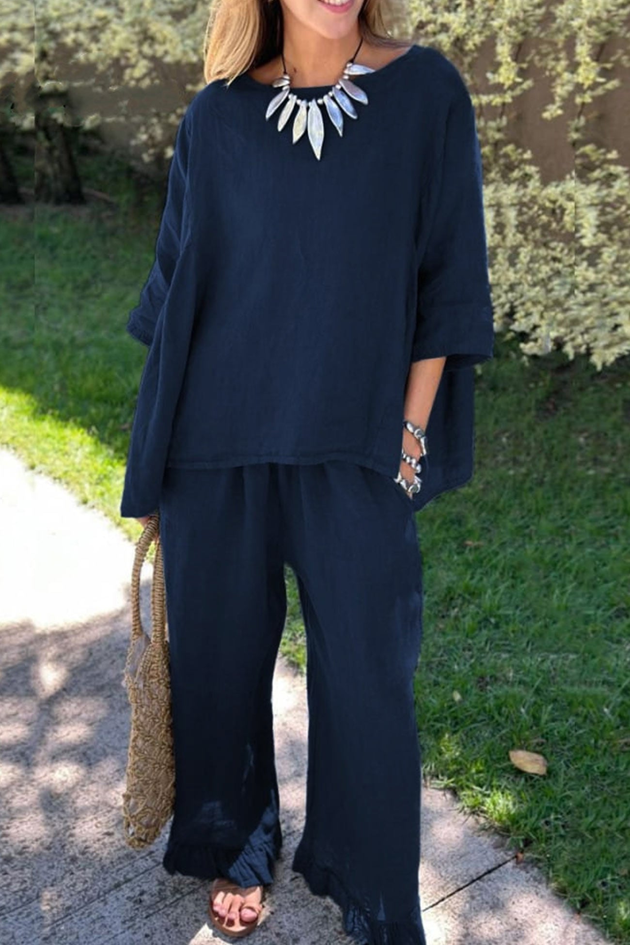 Half Sleeve Tops Fringe Hem Long Pants Set