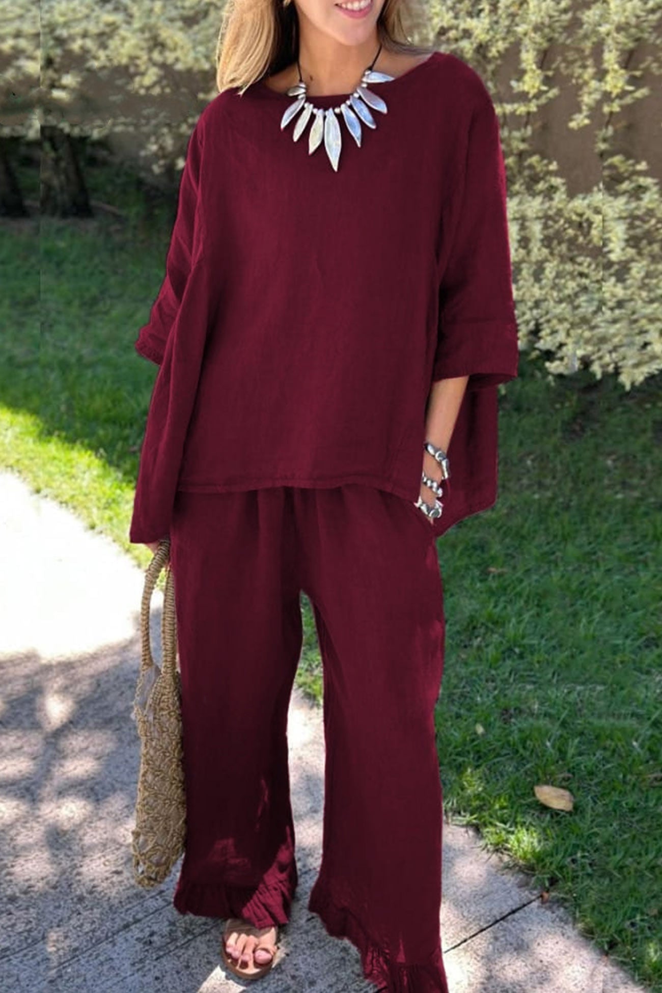Half Sleeve Tops Fringe Hem Long Pants Set