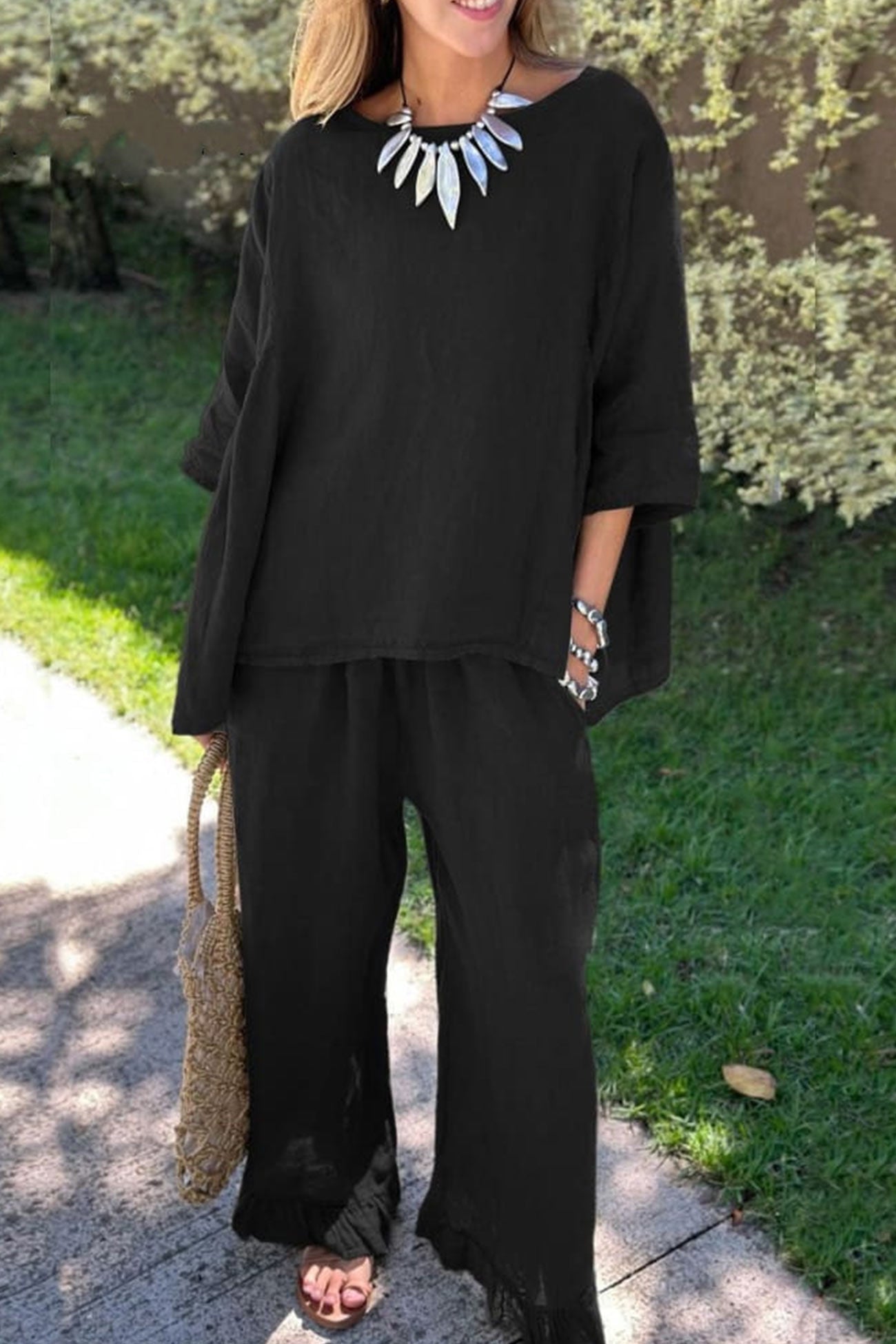 Half Sleeve Tops Fringe Hem Long Pants Set