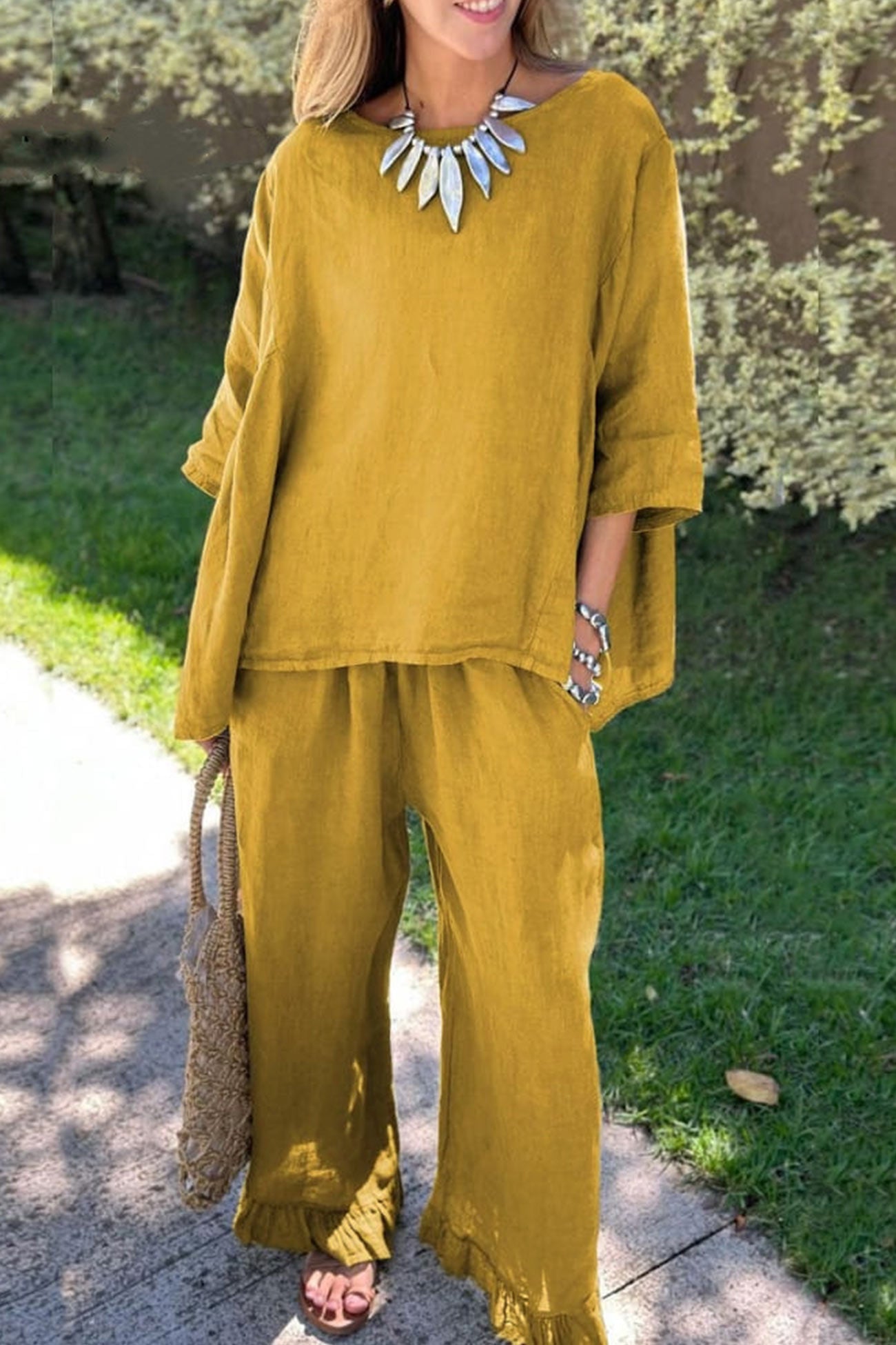 Half Sleeve Tops Fringe Hem Long Pants Set