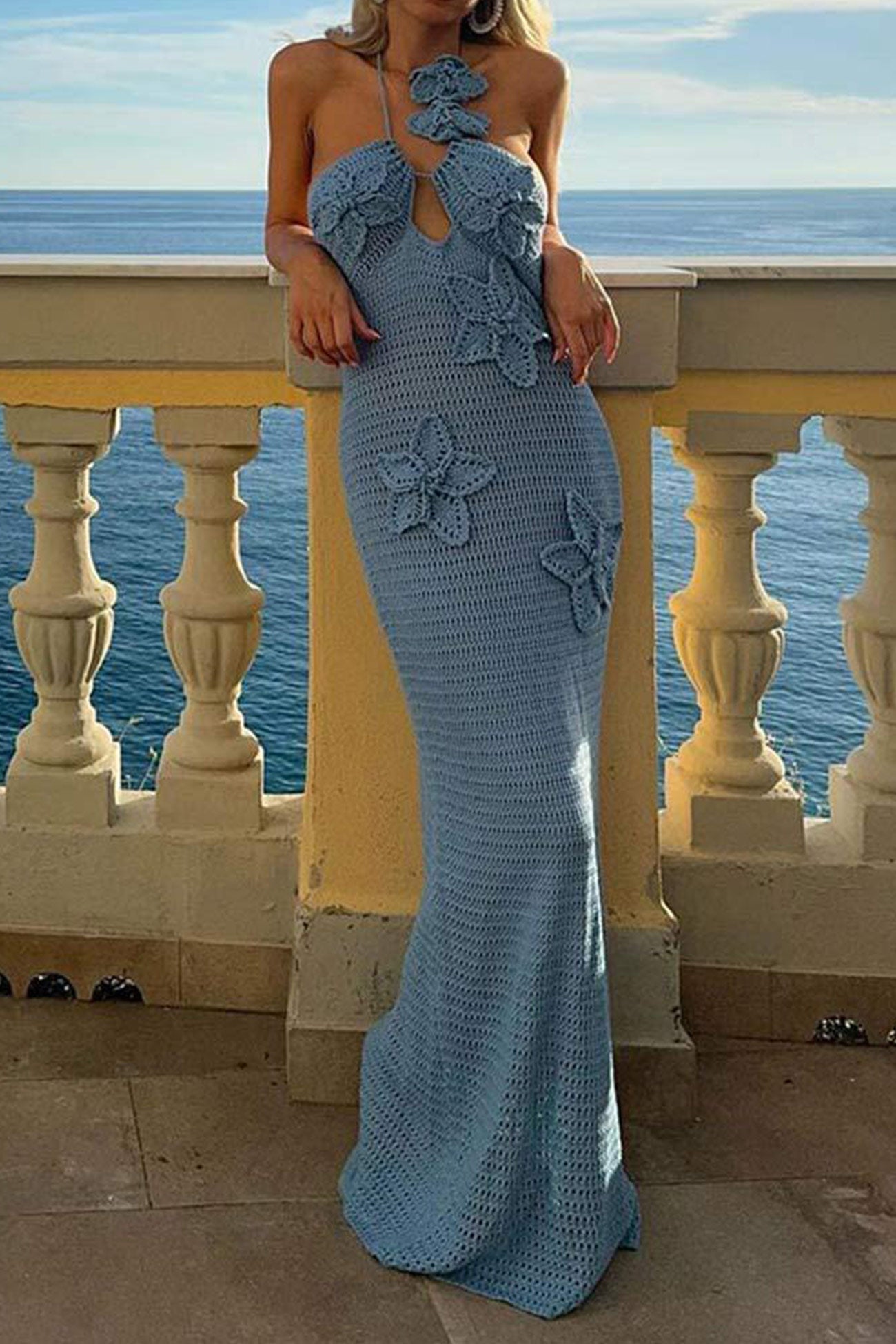 Halter Woven Floral Hollow Out Knit Dress