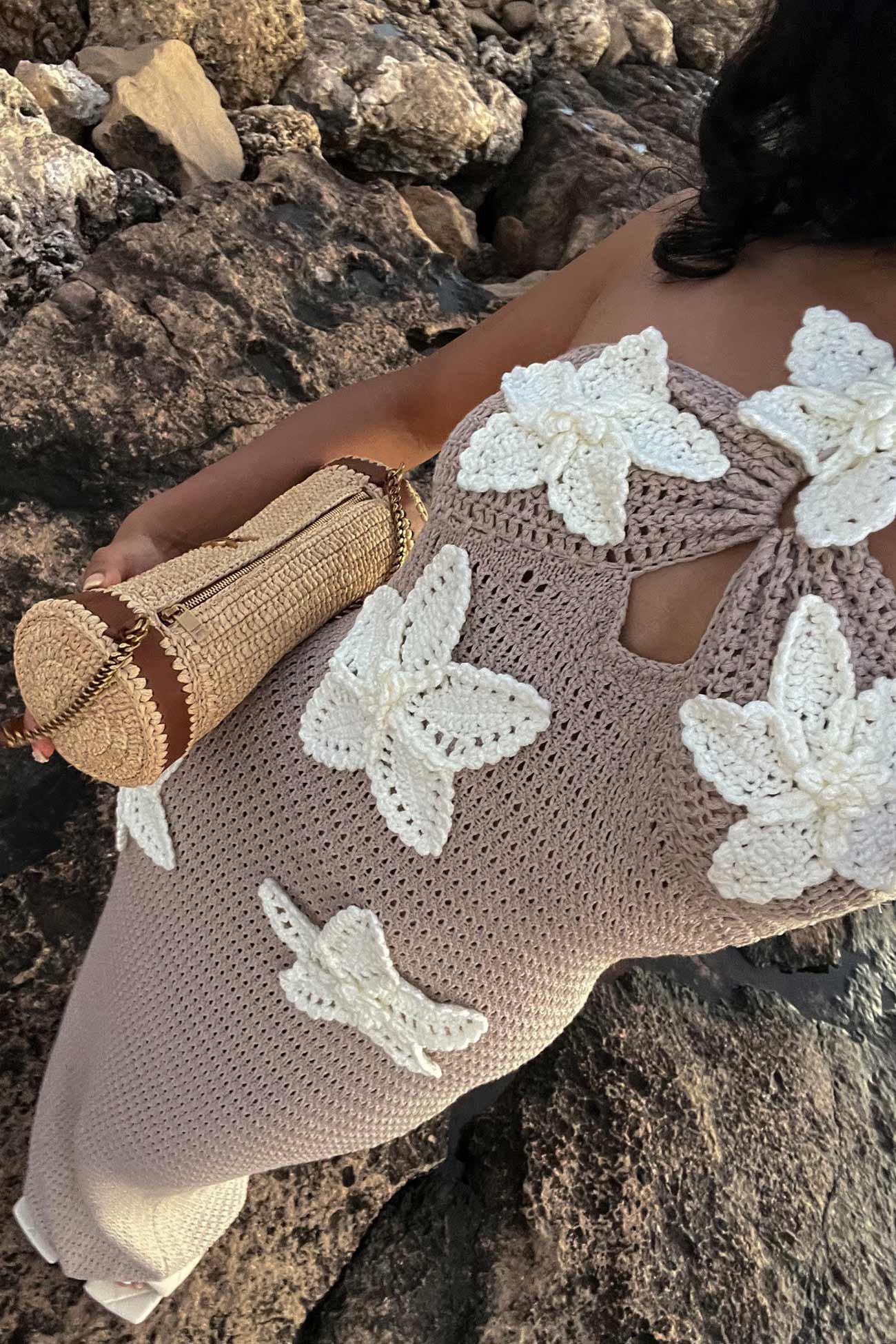 Halter Woven Floral Hollow Out Knit Dress