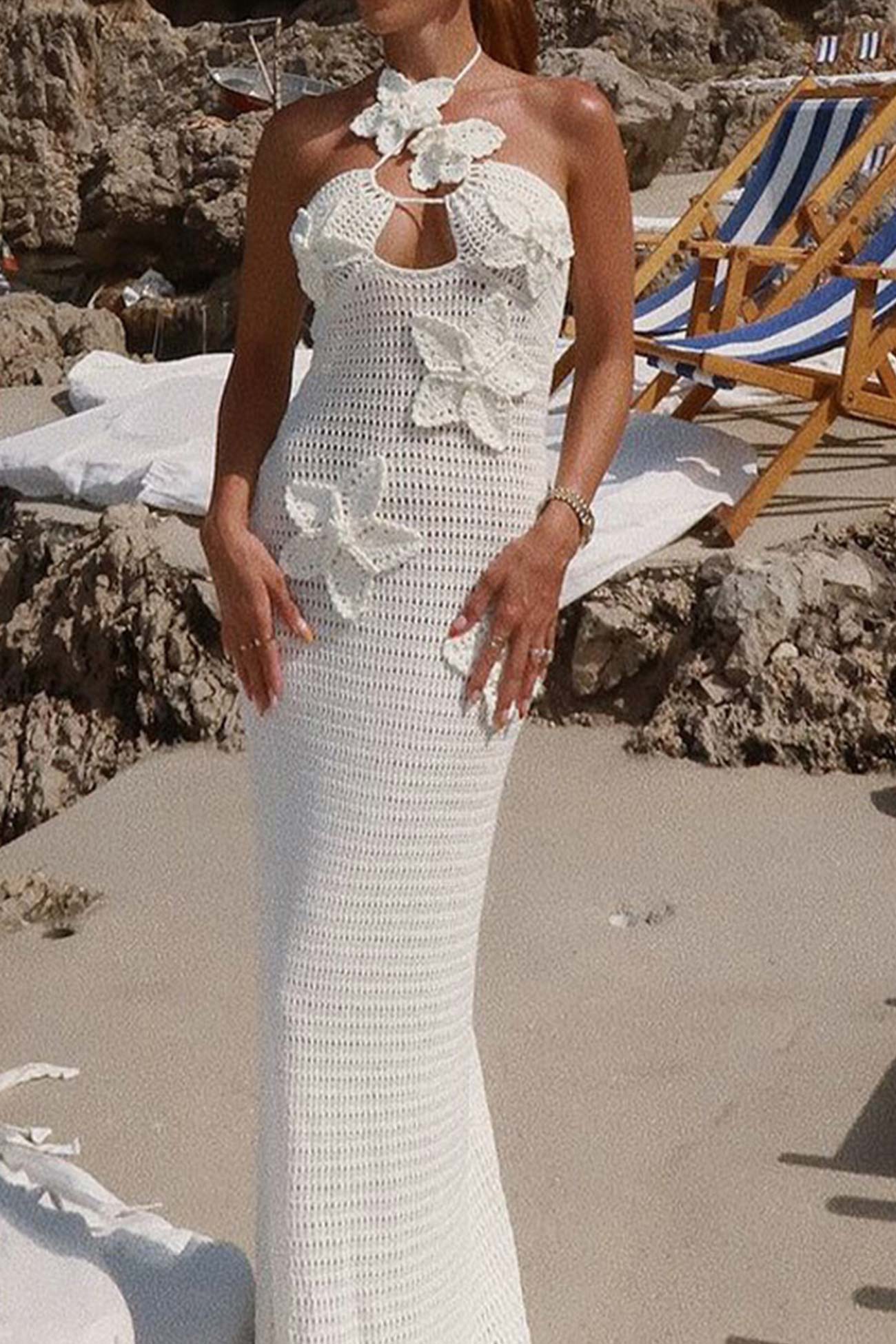 Halter Woven Floral Hollow Out Knit Dress