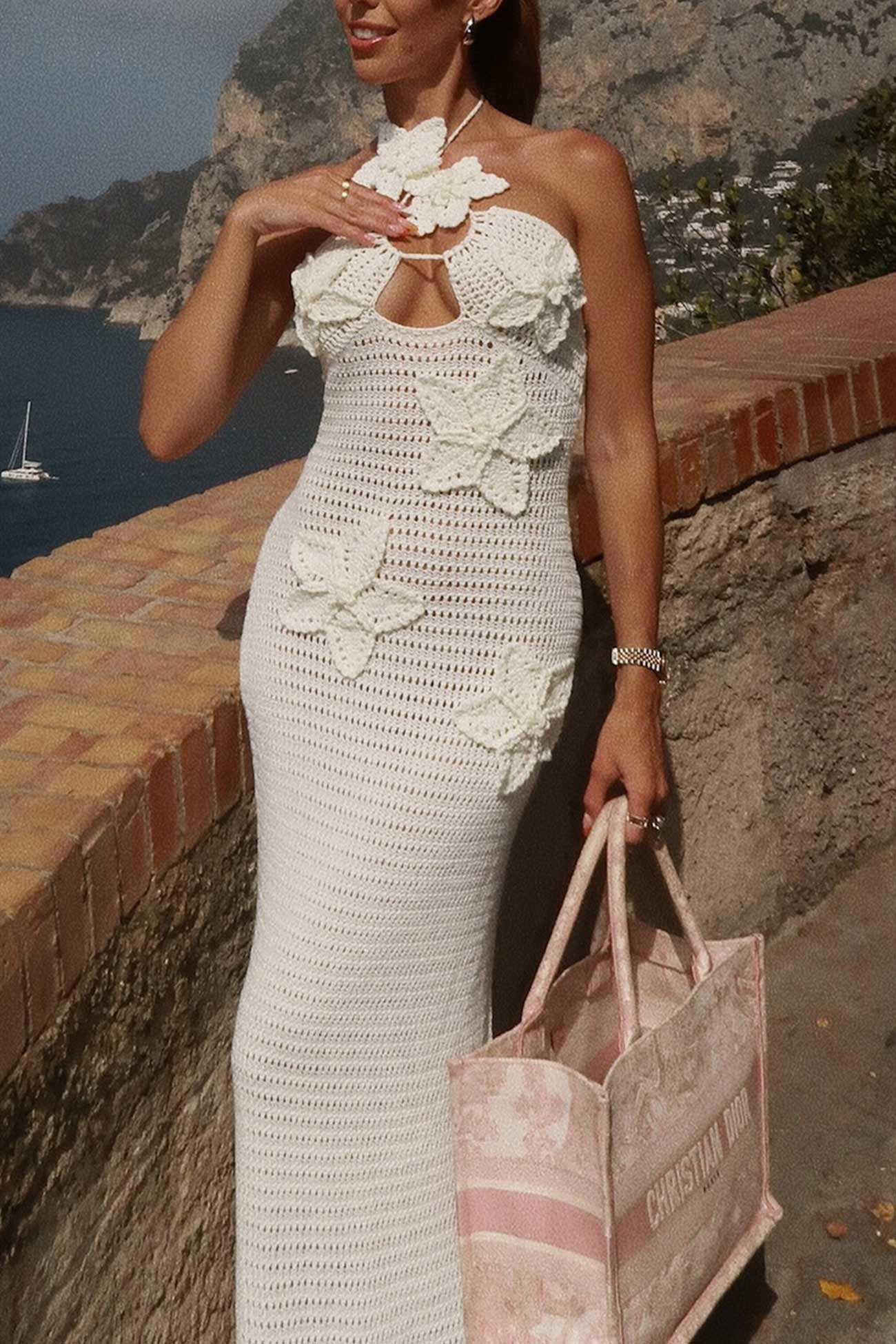 Halter Woven Floral Hollow Out Knit Dress