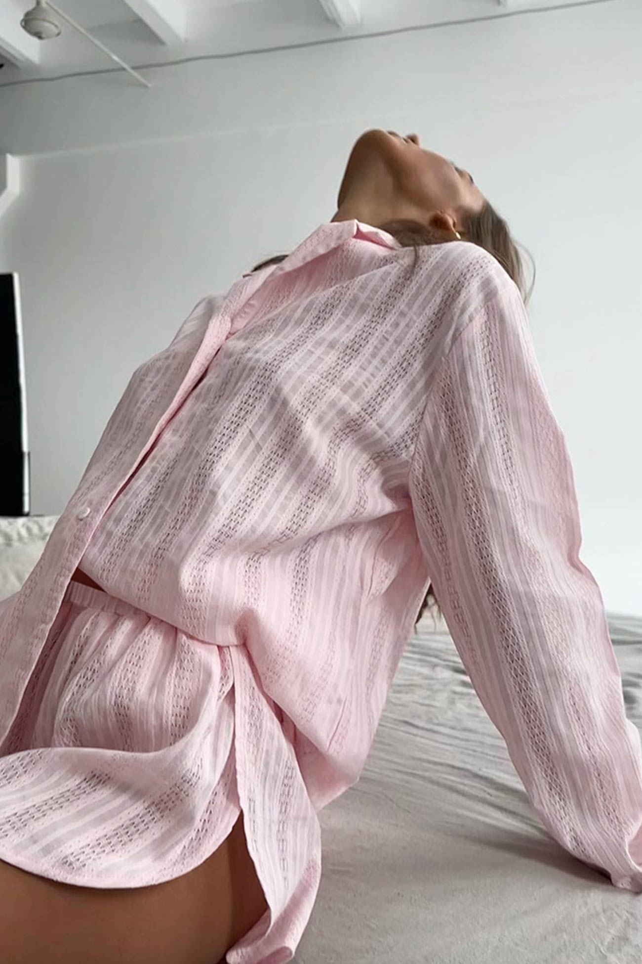 Jacquard Cotton Long Sleeve Shirt Slit Shorts Set