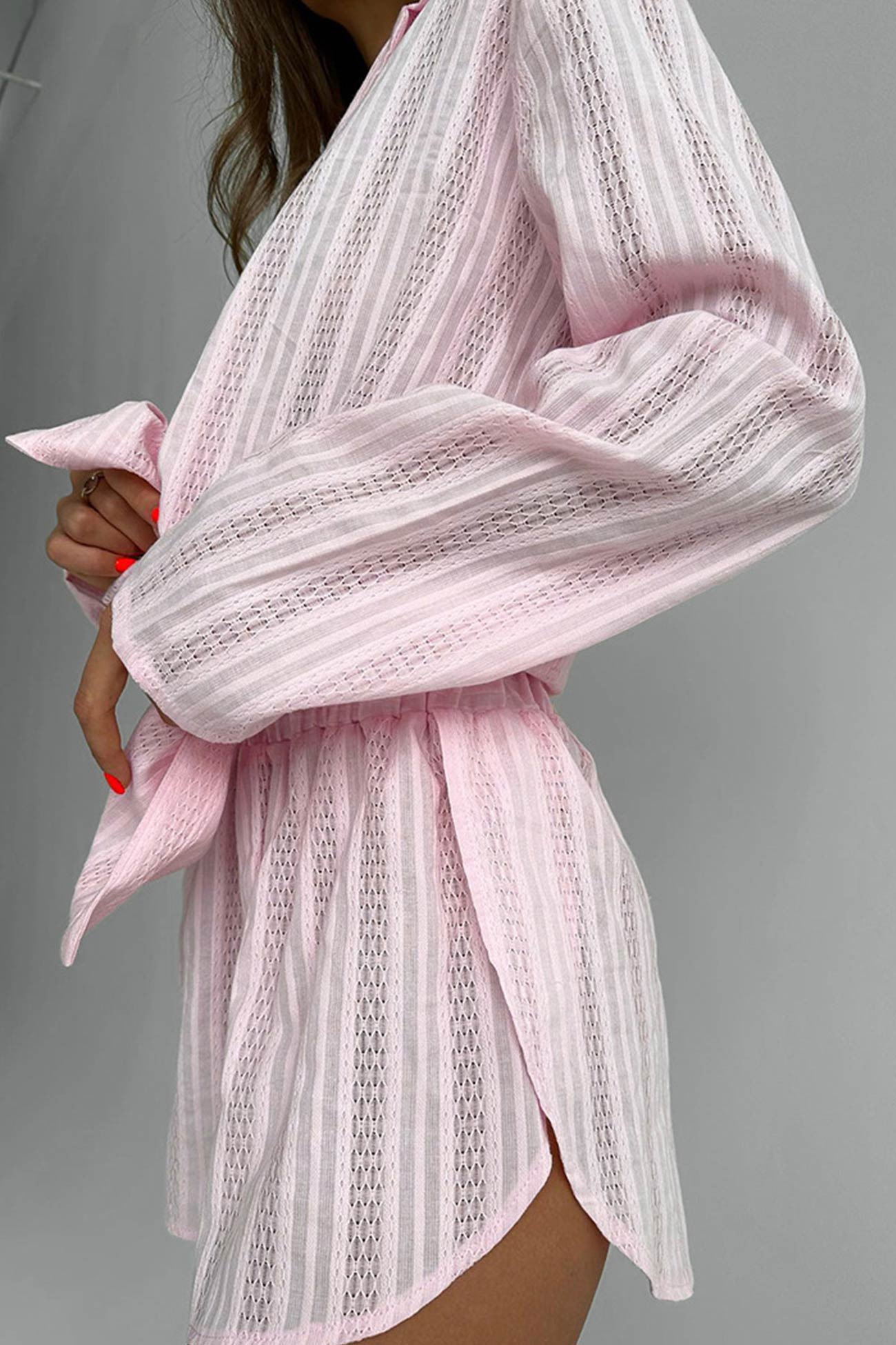 Jacquard Cotton Long Sleeve Shirt Slit Shorts Set
