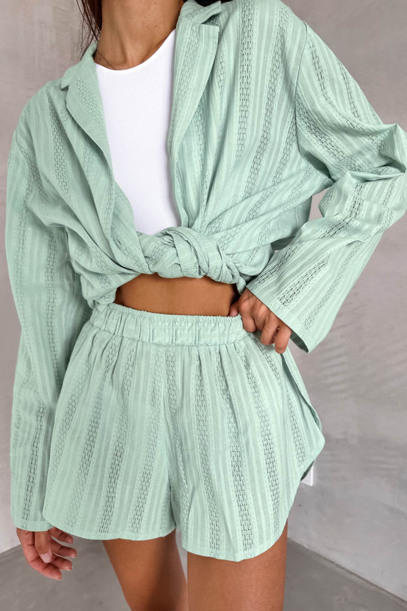 Jacquard Cotton Long Sleeve Shirt Slit Shorts Set