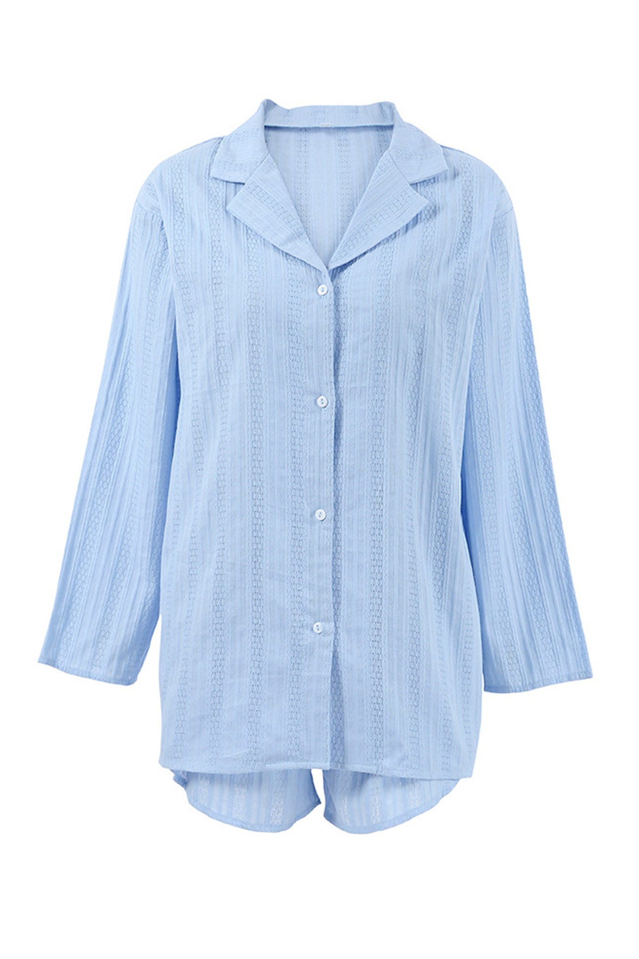 Jacquard Cotton Long Sleeve Shirt Slit Shorts Set