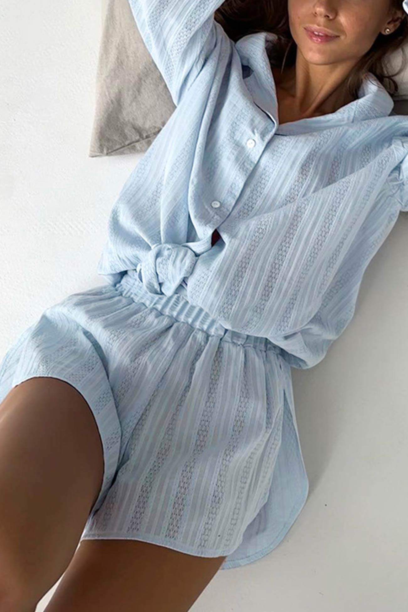 Jacquard Cotton Long Sleeve Shirt Slit Shorts Set
