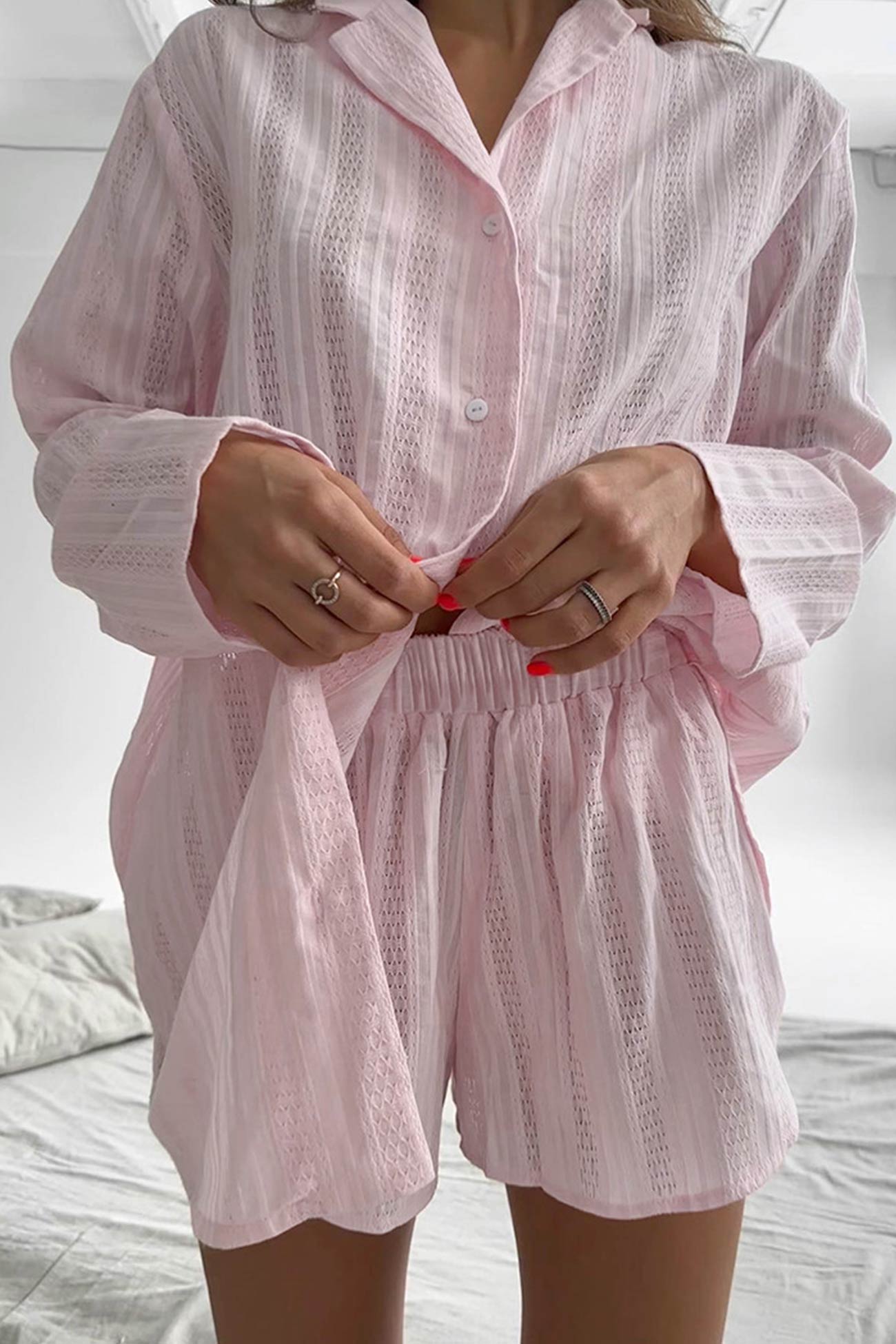 Jacquard Cotton Long Sleeve Shirt Slit Shorts Set
