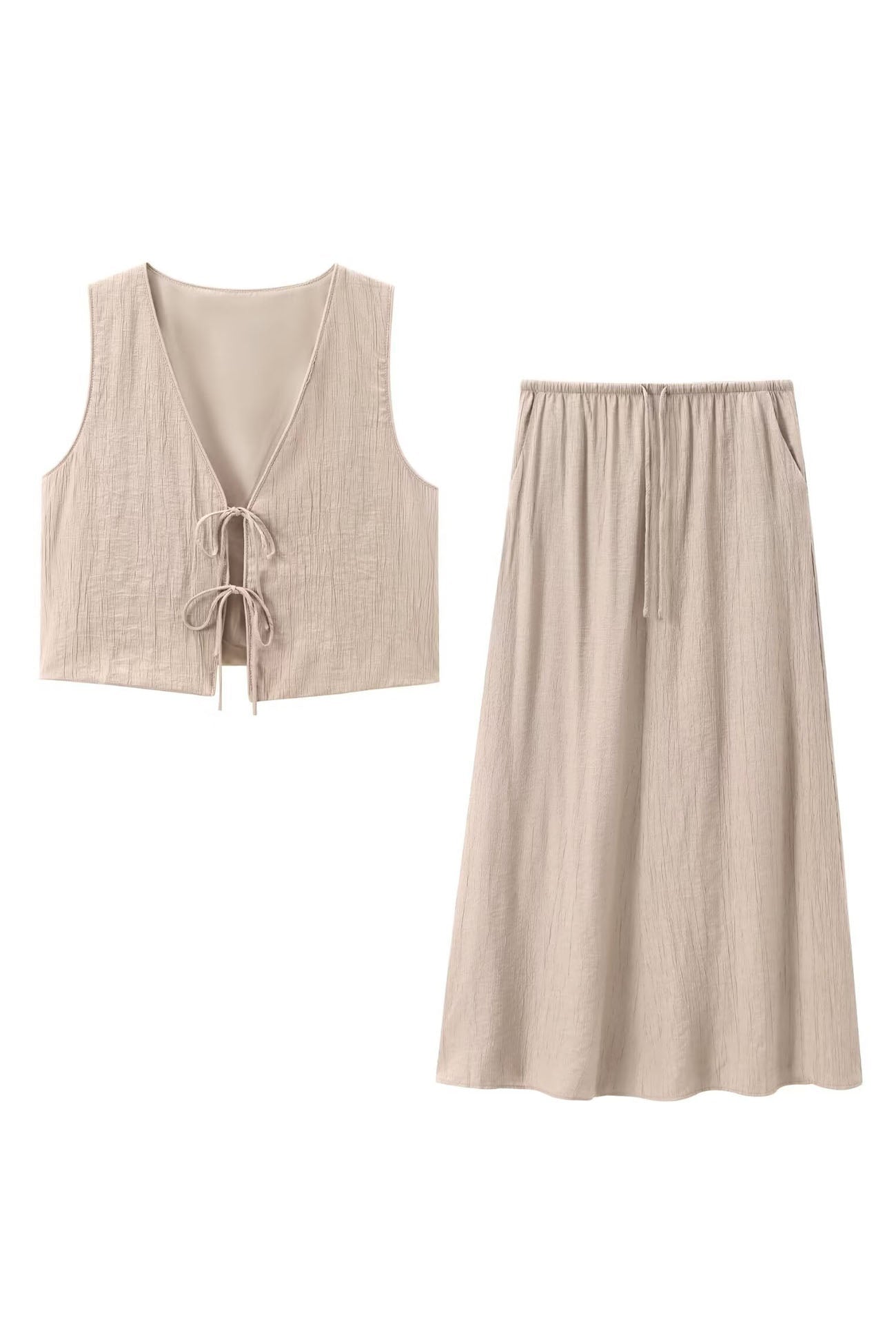 Lace Up Textured Vest Midi Skirt Set