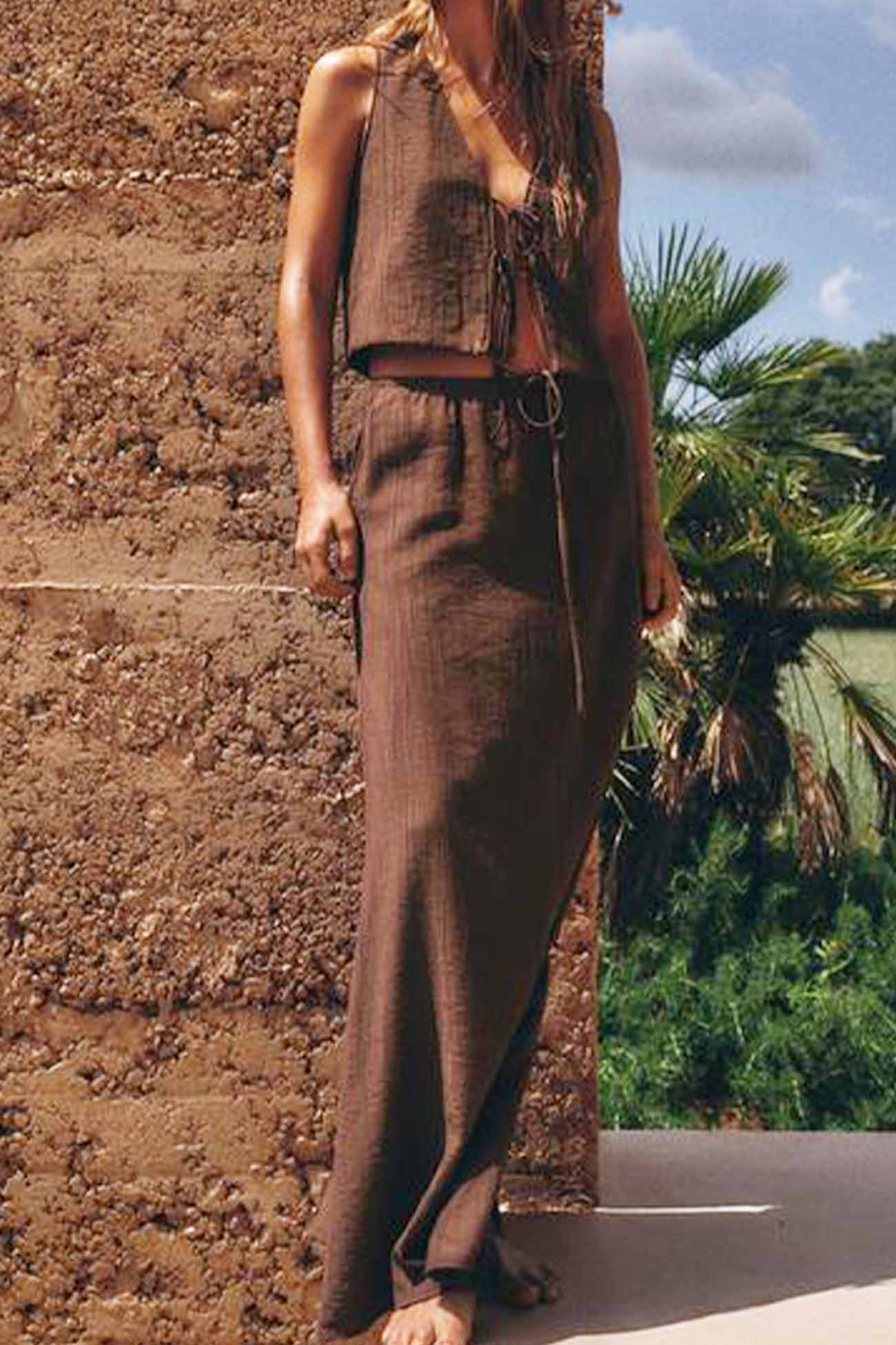 Lace Up Textured Vest Midi Skirt Set