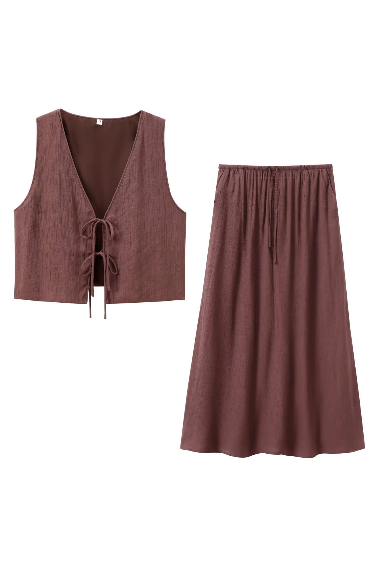 Lace Up Textured Vest Midi Skirt Set
