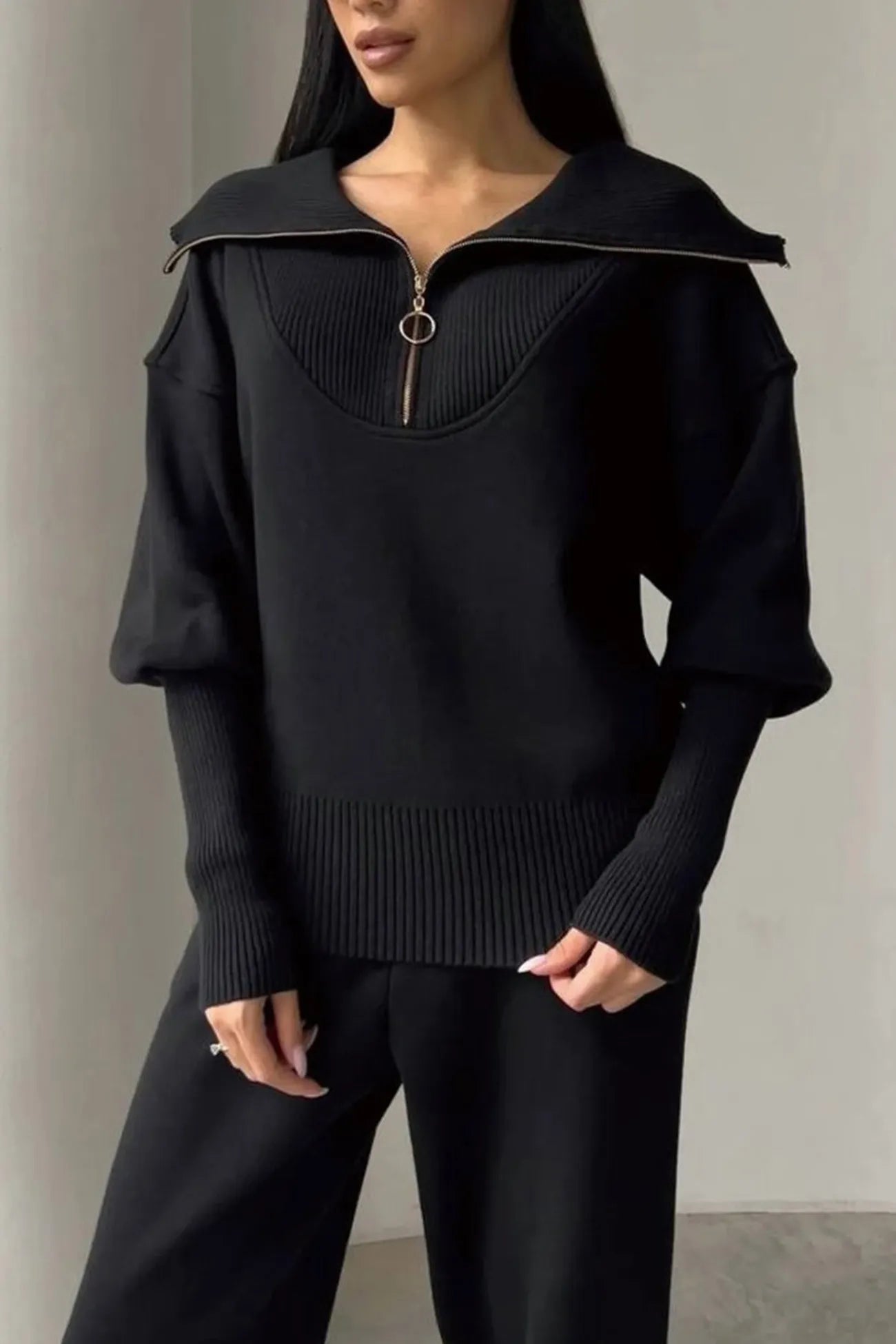 Lapel Zip-up Sweatshirt Set