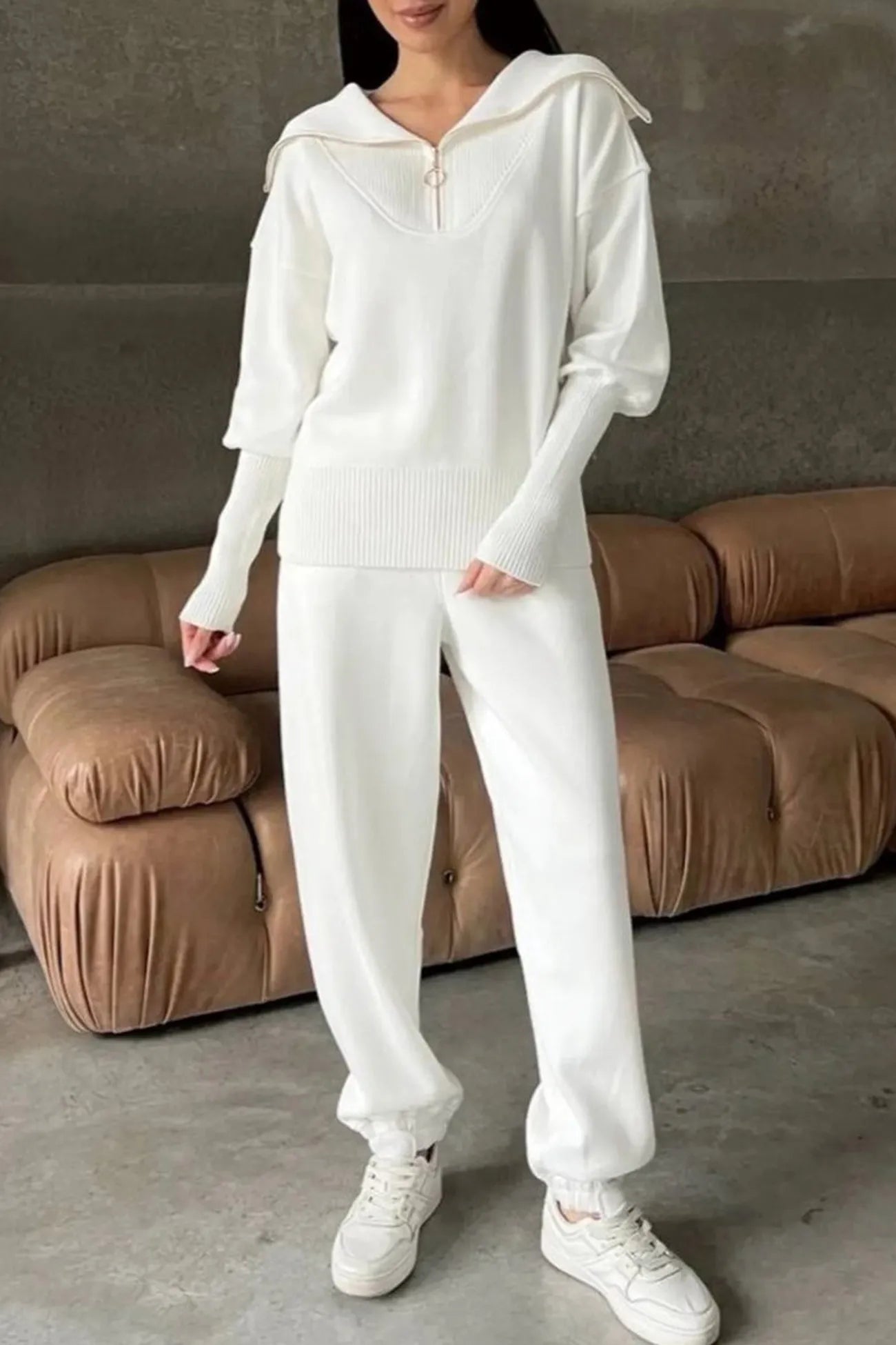 Lapel Zip-up Sweatshirt Set
