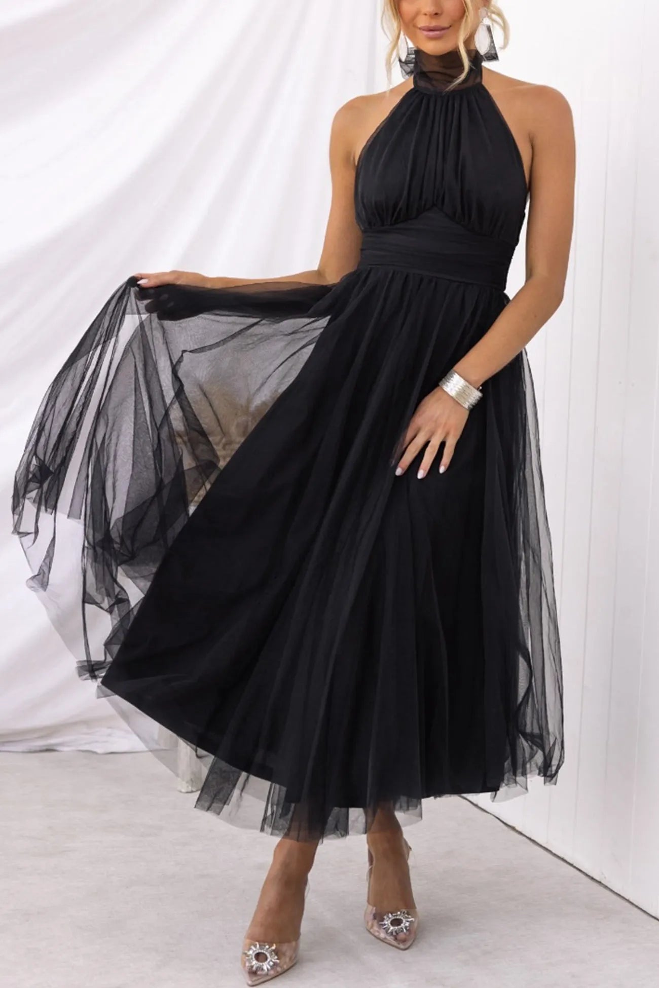 Mesh Halter Neck High Waist Maxi Dress