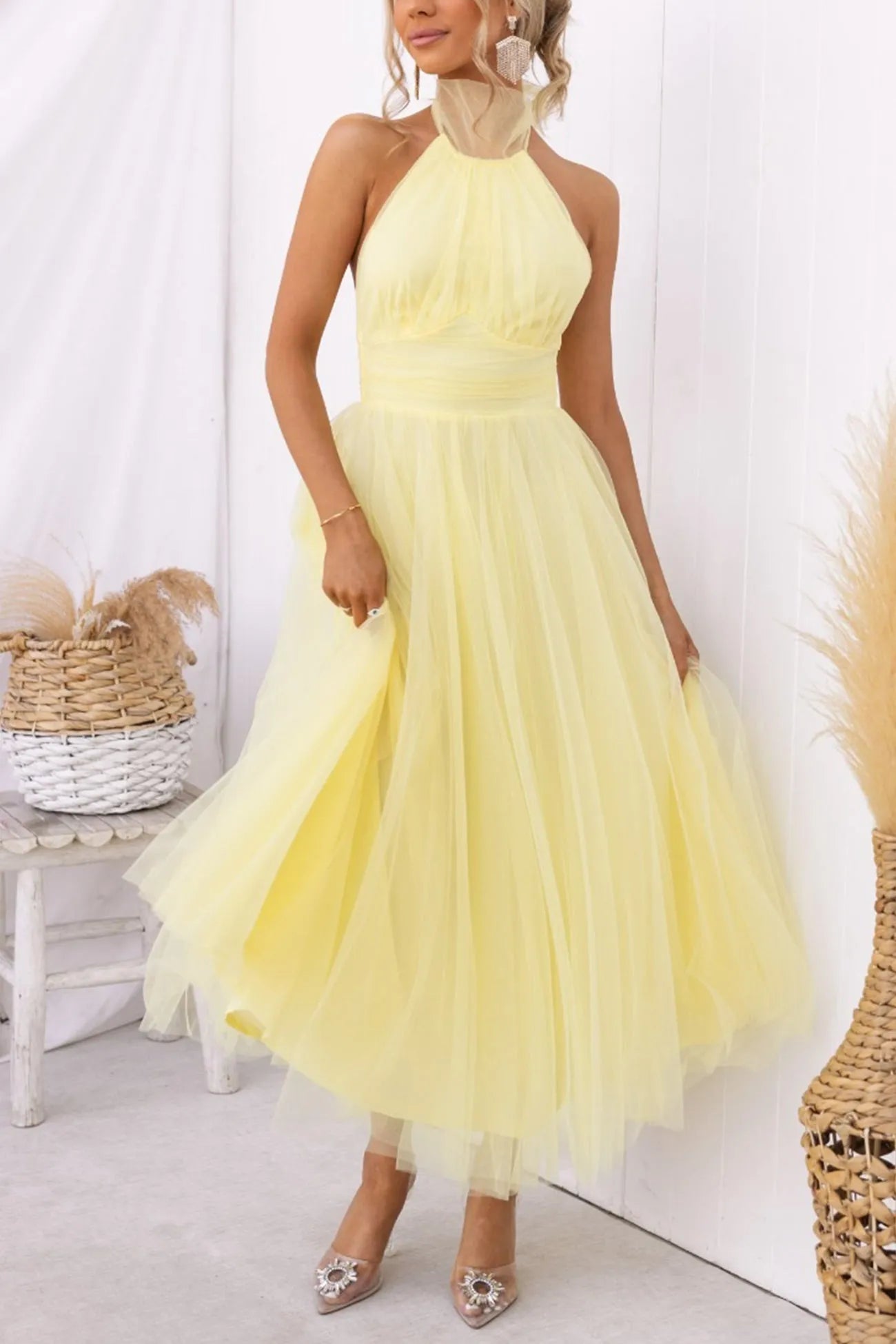Mesh Halter Neck High Waist Maxi Dress