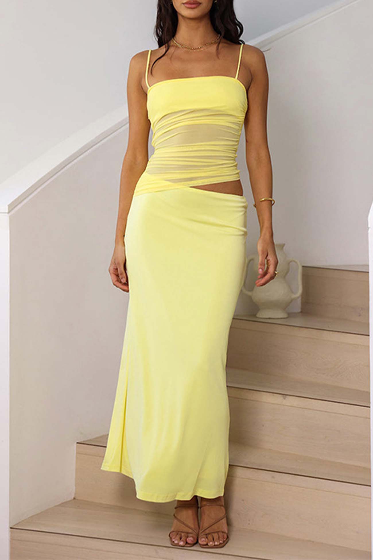 Mesh Patchwork Ruched Cami Top Skirt Set