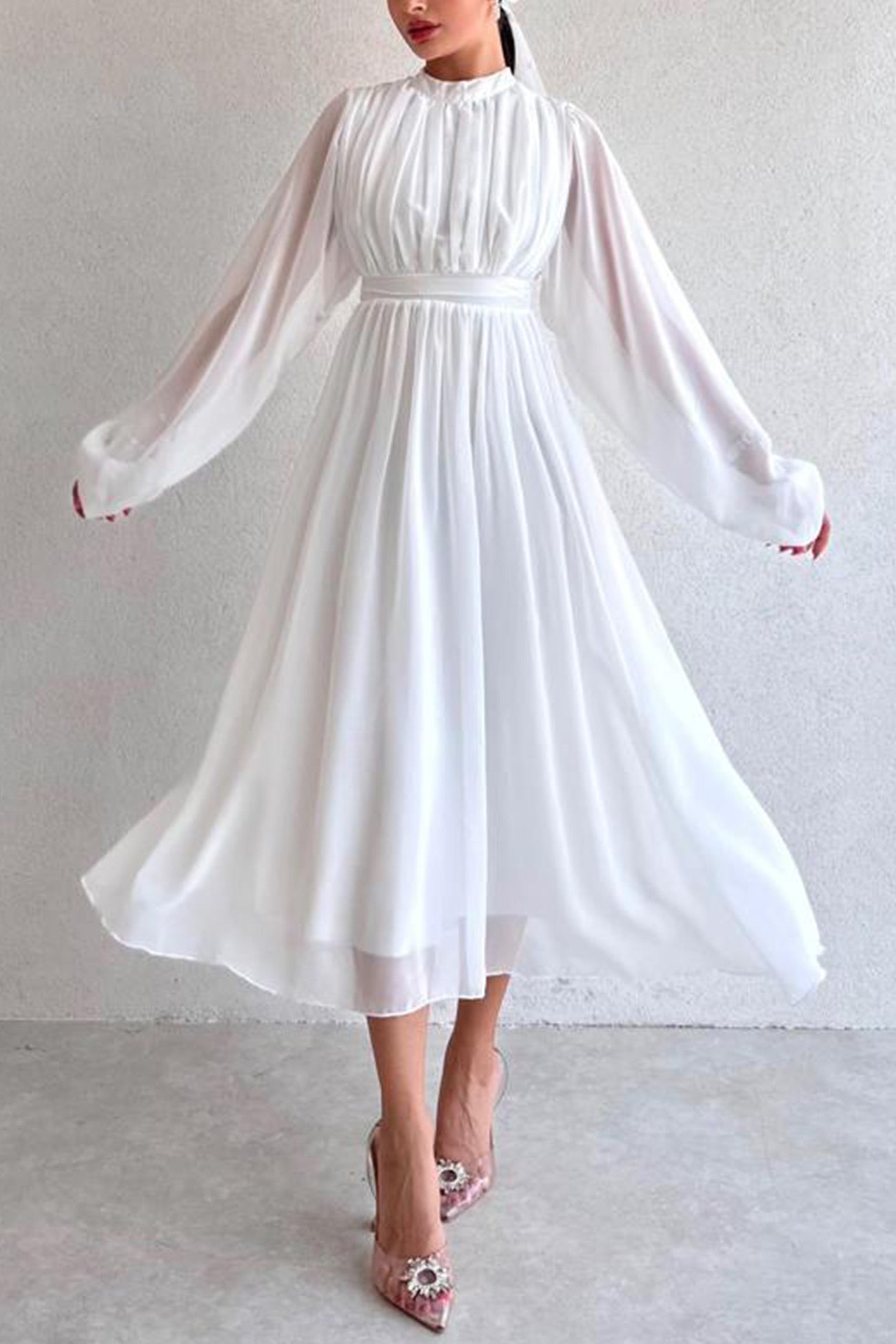 Mock Neck High Waist Pleated Maxi Dress