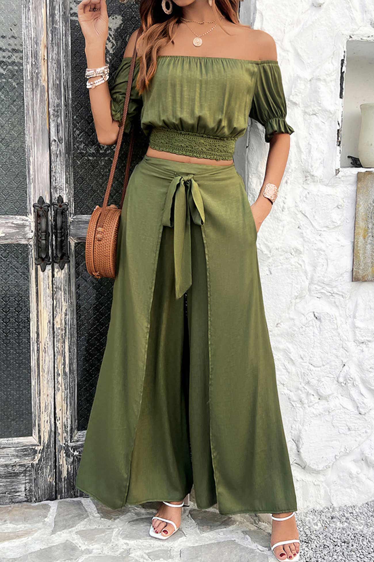 Off-shoulder Crop Top Tie-up Pants Suits