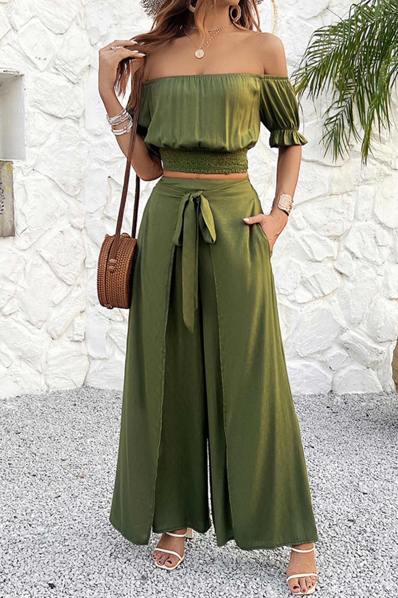 Off-shoulder Crop Top Tie-up Pants Suits